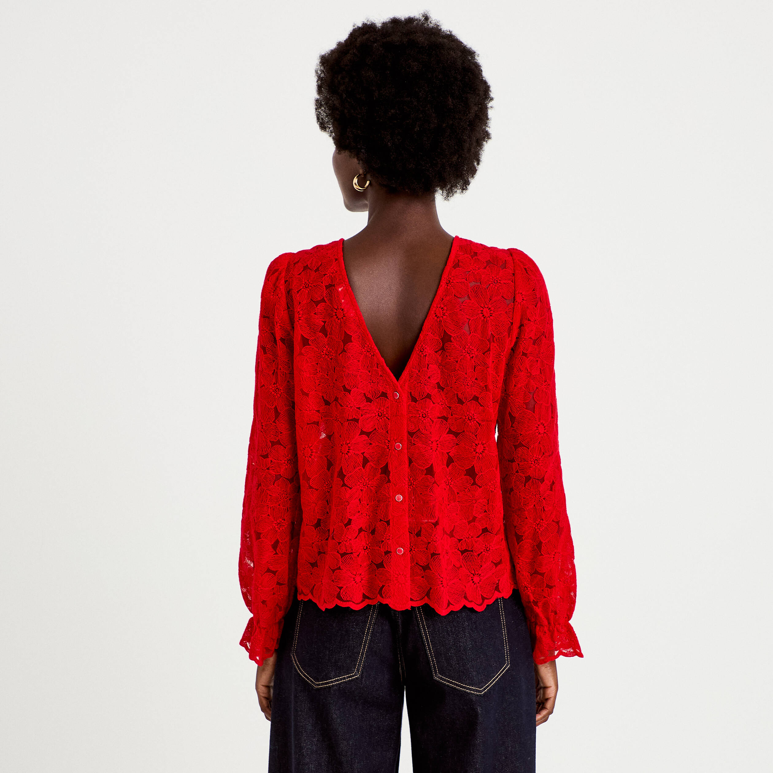 Blouse droite col v en dentelle rouge femme
