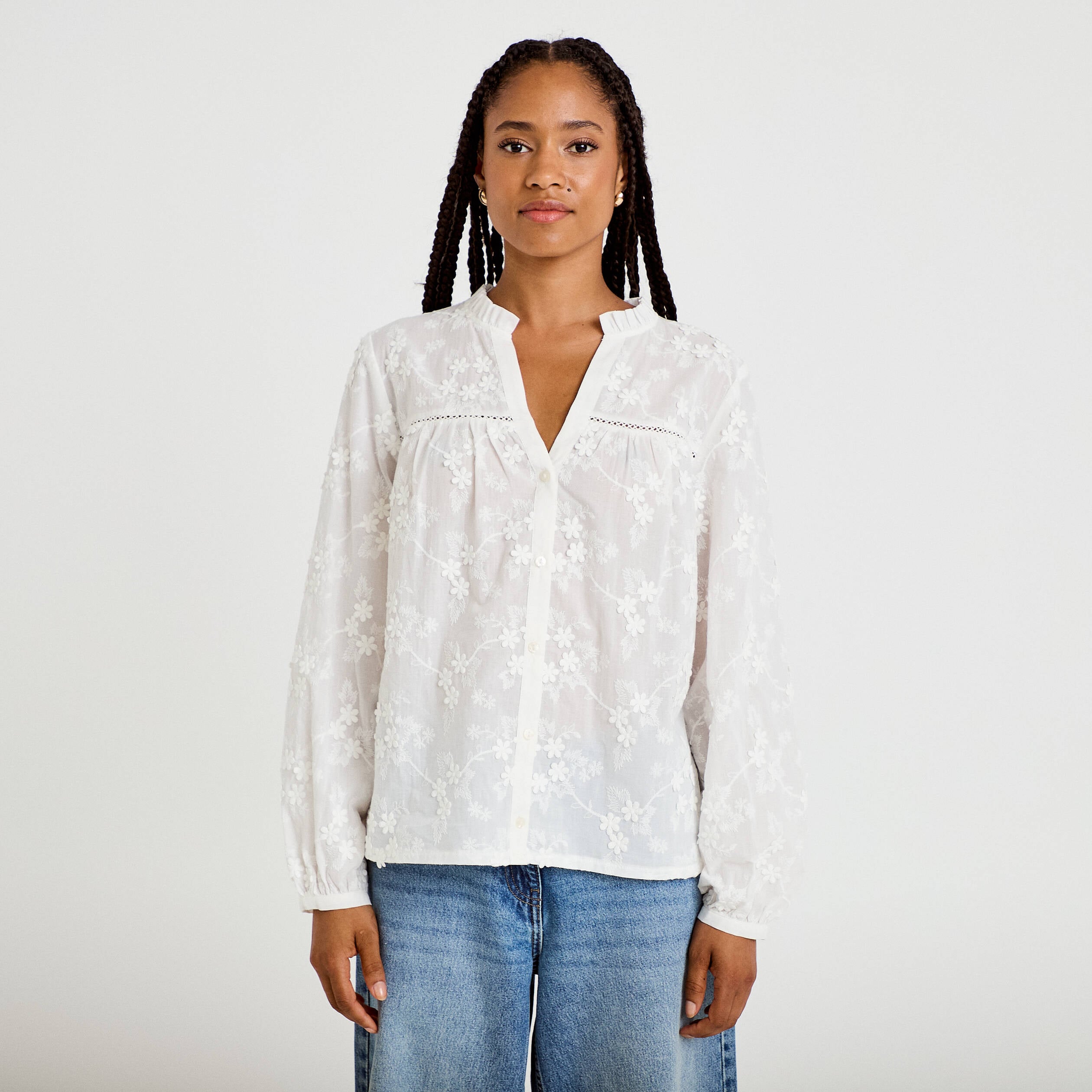 Blouse droite col rond manches longues ecru femme
