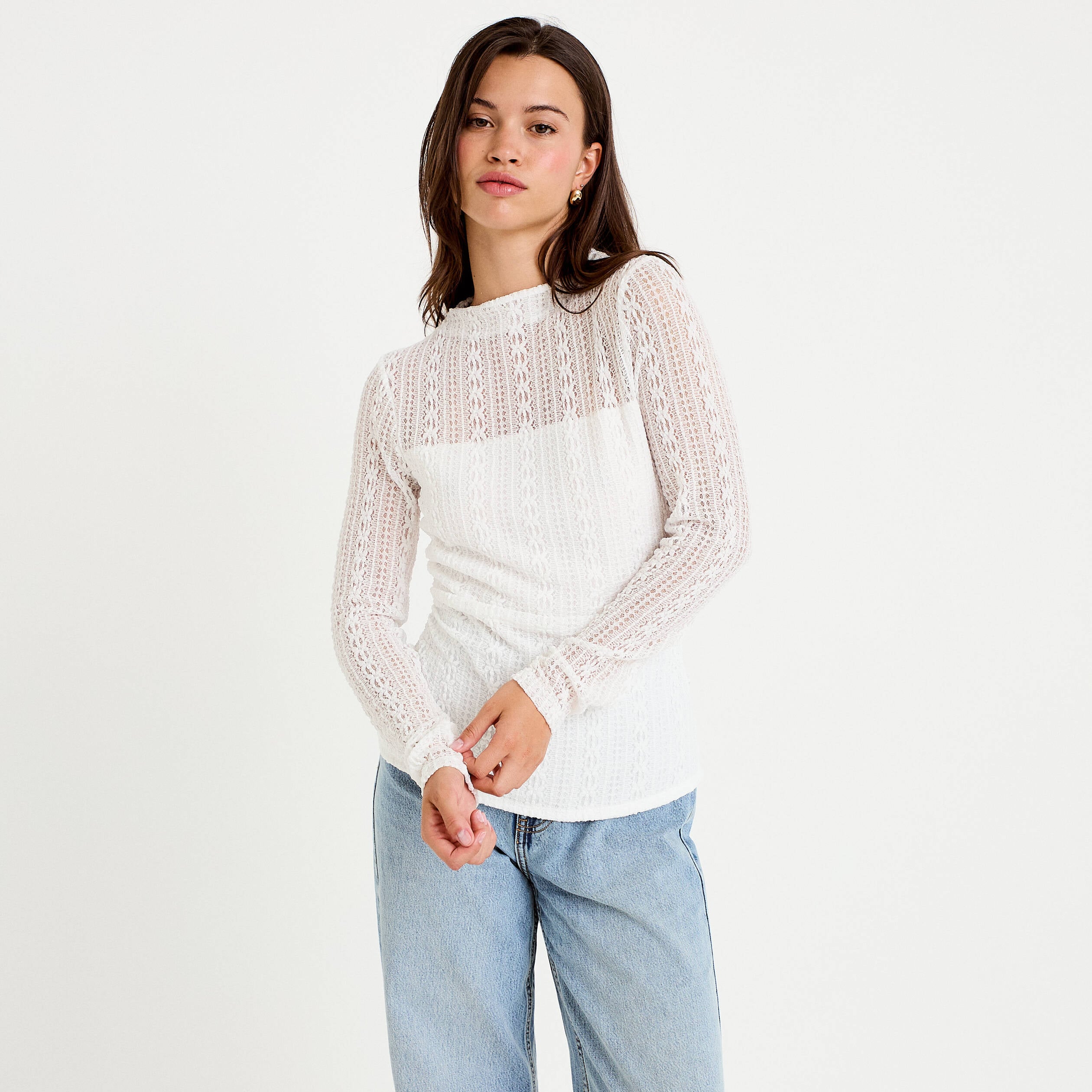 Top ajust&eacute; col montant dentelle ecru femme