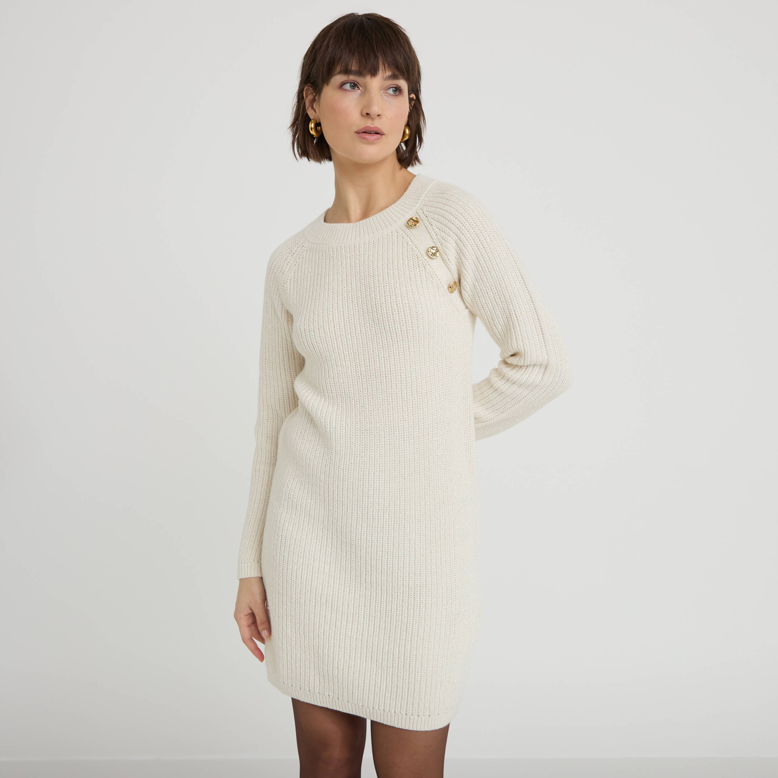 Robe pull d&eacute;tails de boutons ecru femme