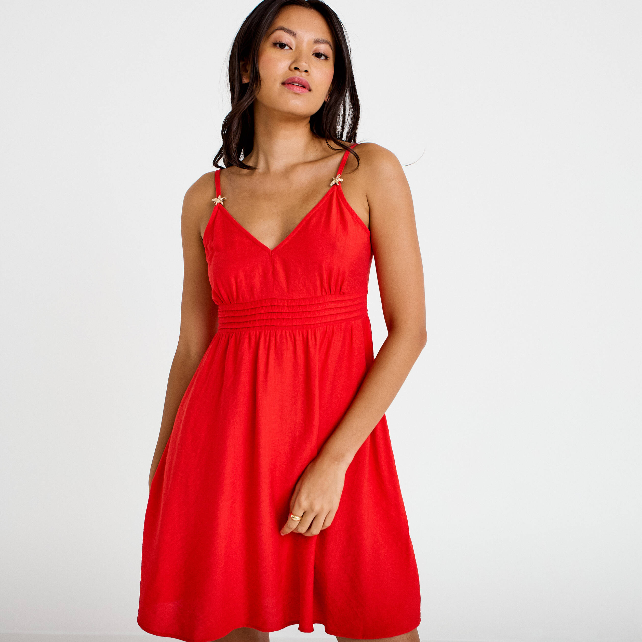 Robe courte d&eacute;collet&eacute; bretelles fines rouge femme