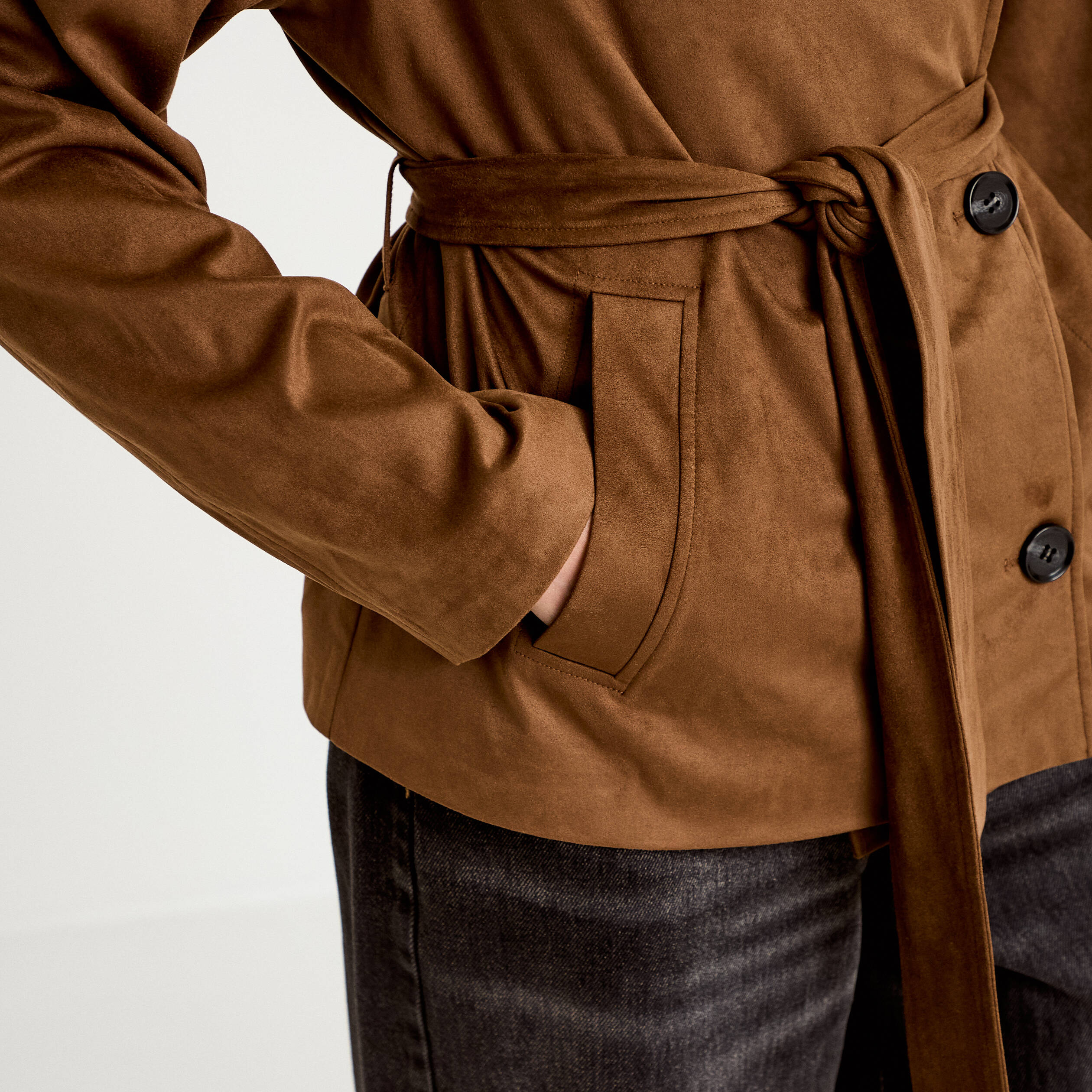 Caban droit col montant aspect daim marron femme