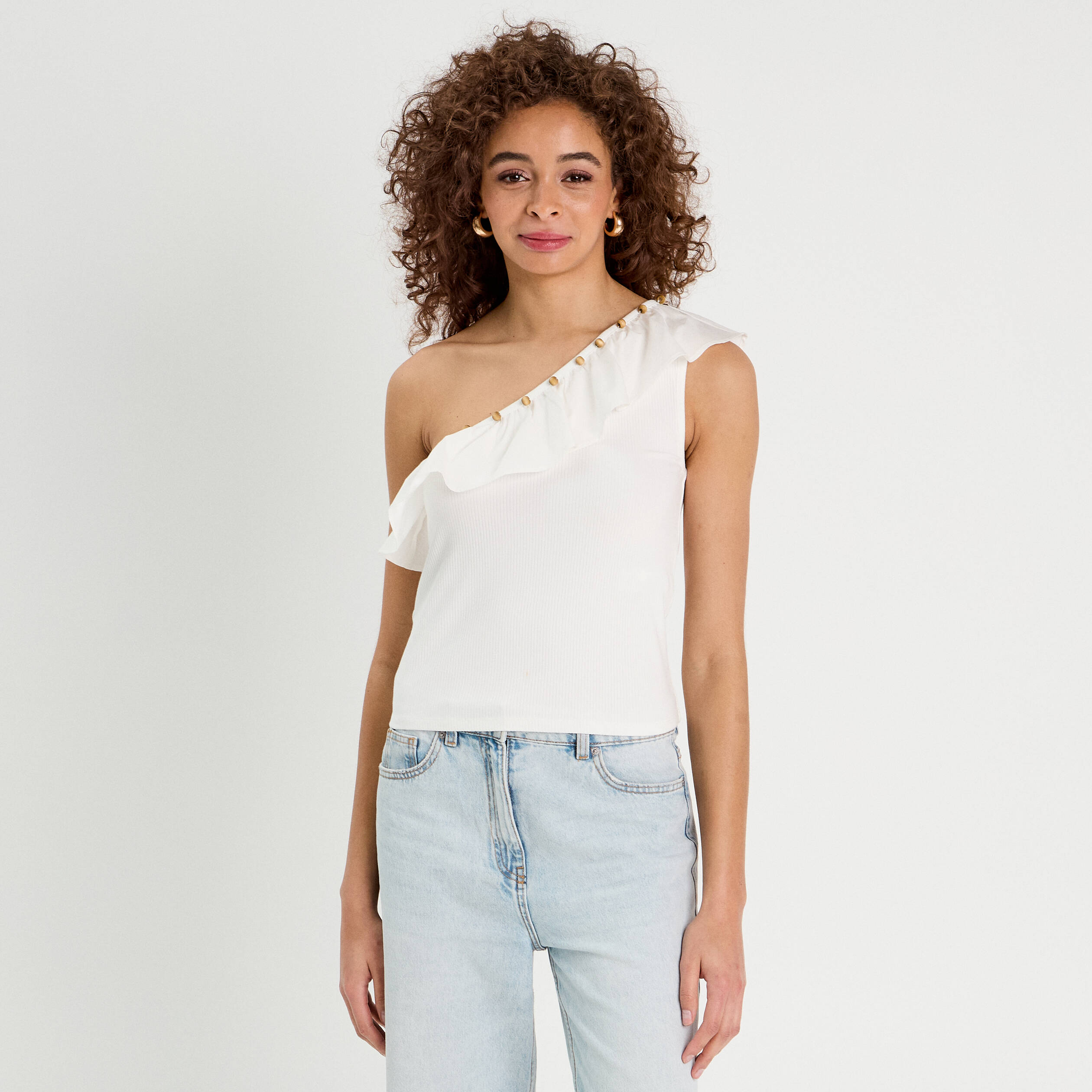 D&eacute;bardeur asym&eacute;trique ecru femme