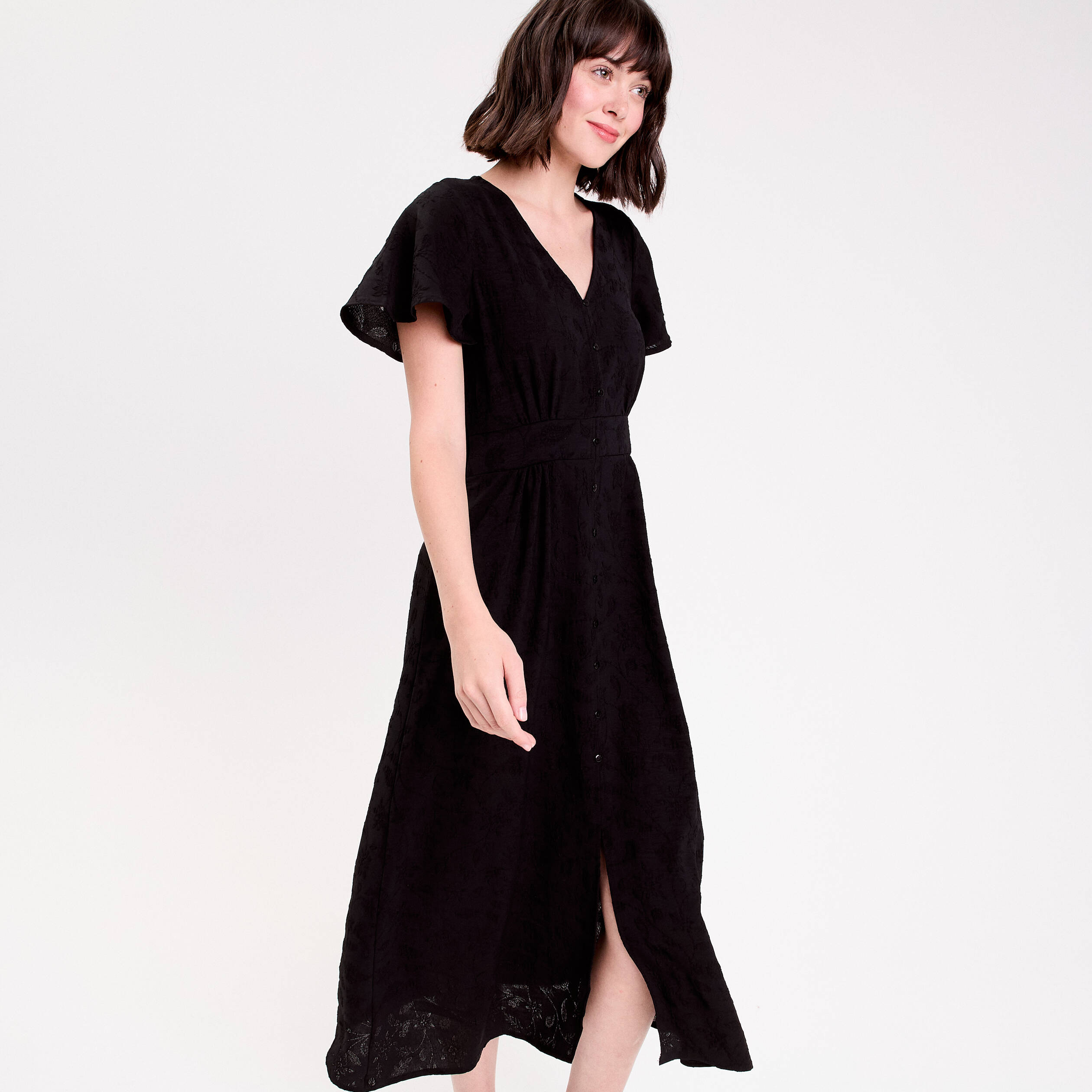 Robe longue évasée col v manches courtes noir femme Vibs