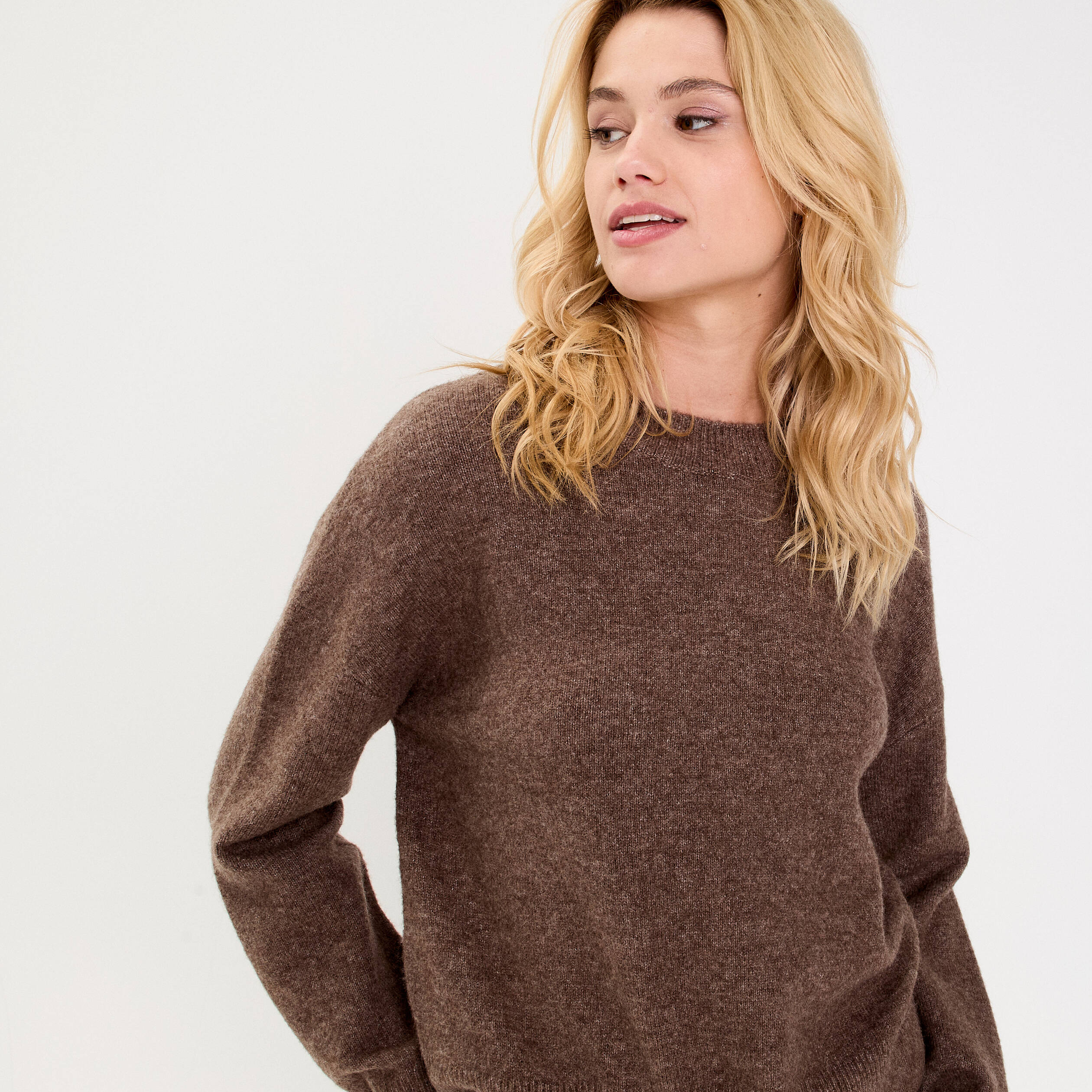 Pull col rond marron fonc&eacute; femme
