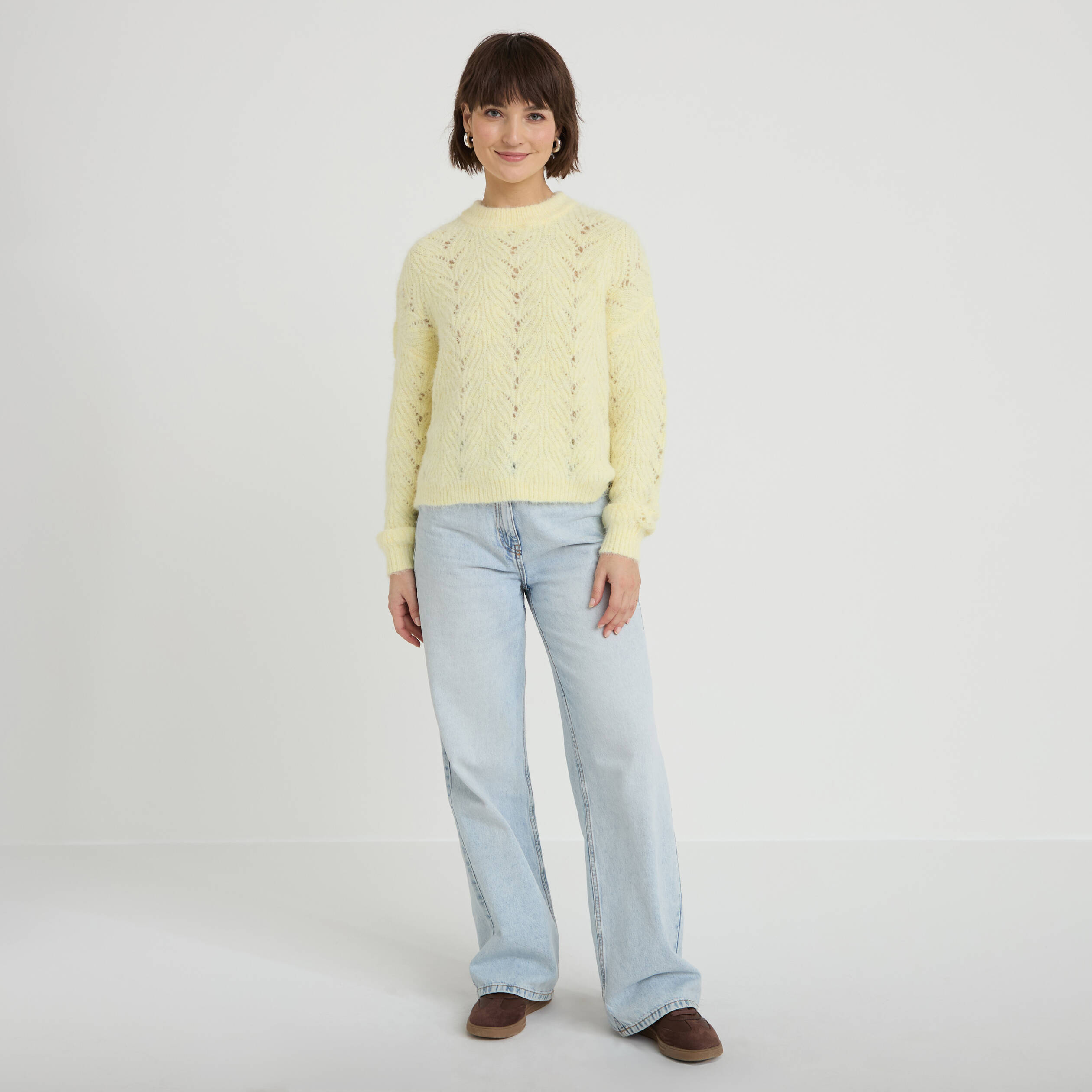 Pull ajour&eacute; manches longues jaune clair femme