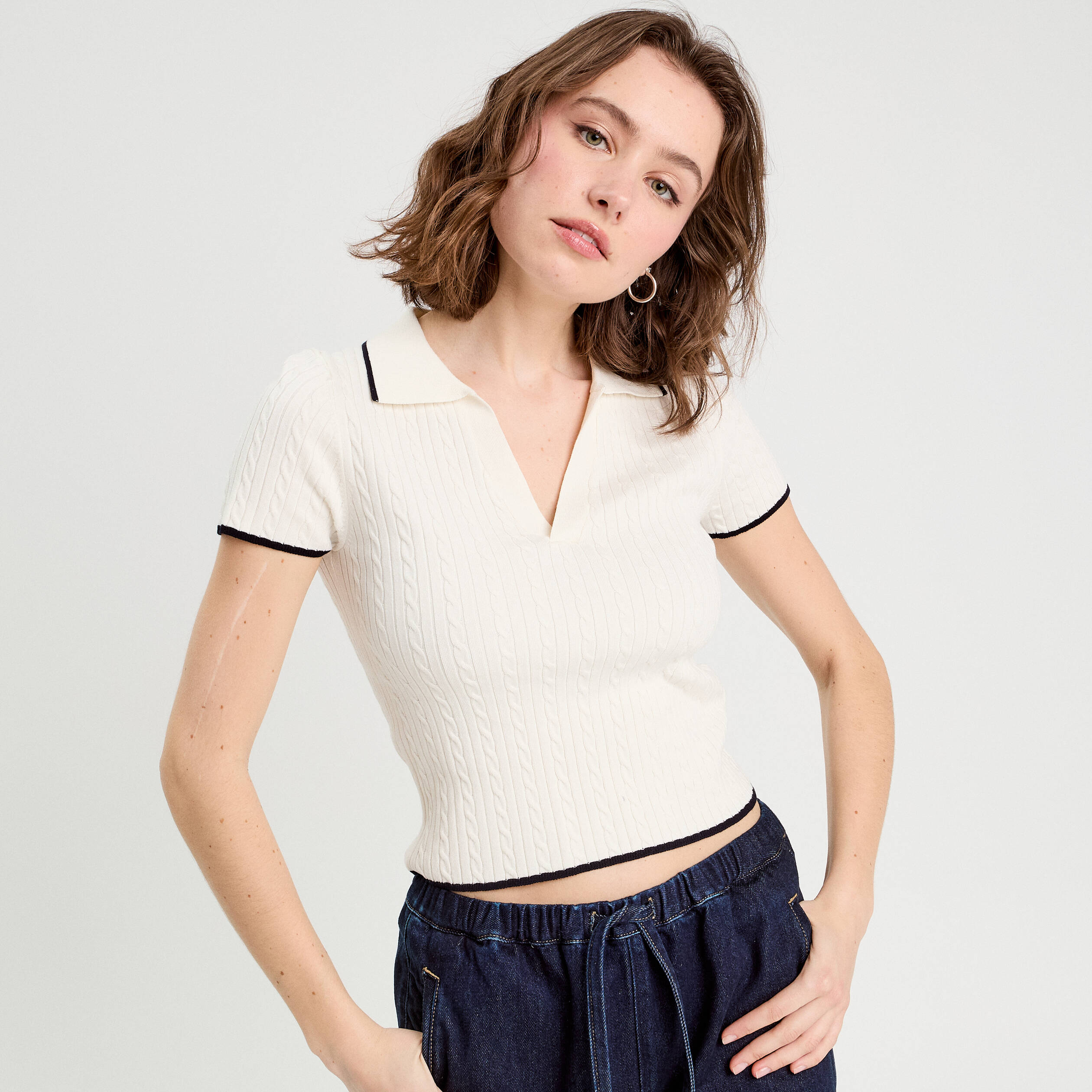 Top col polo manches courtes blanc femme