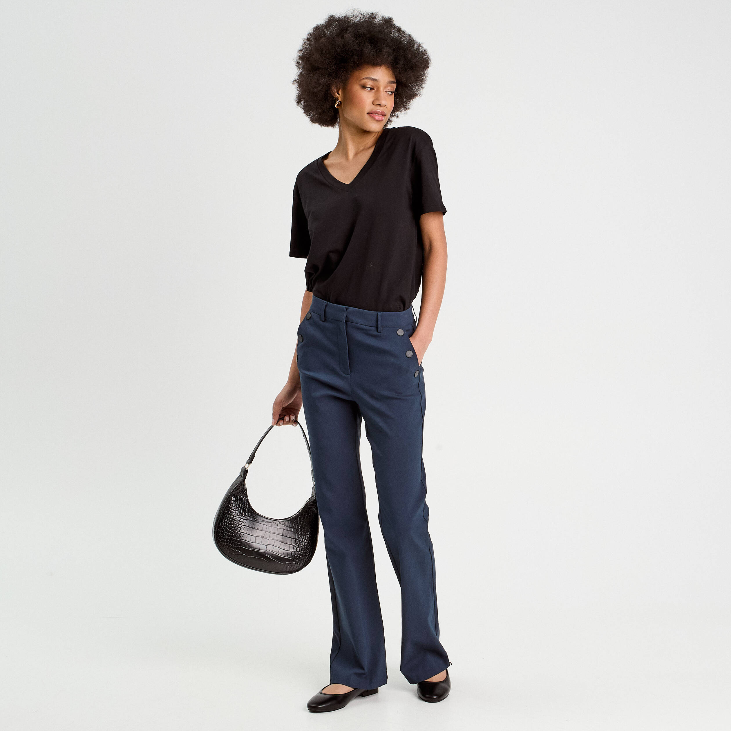 Pantalon bootcut &agrave; pont bleu marine femme