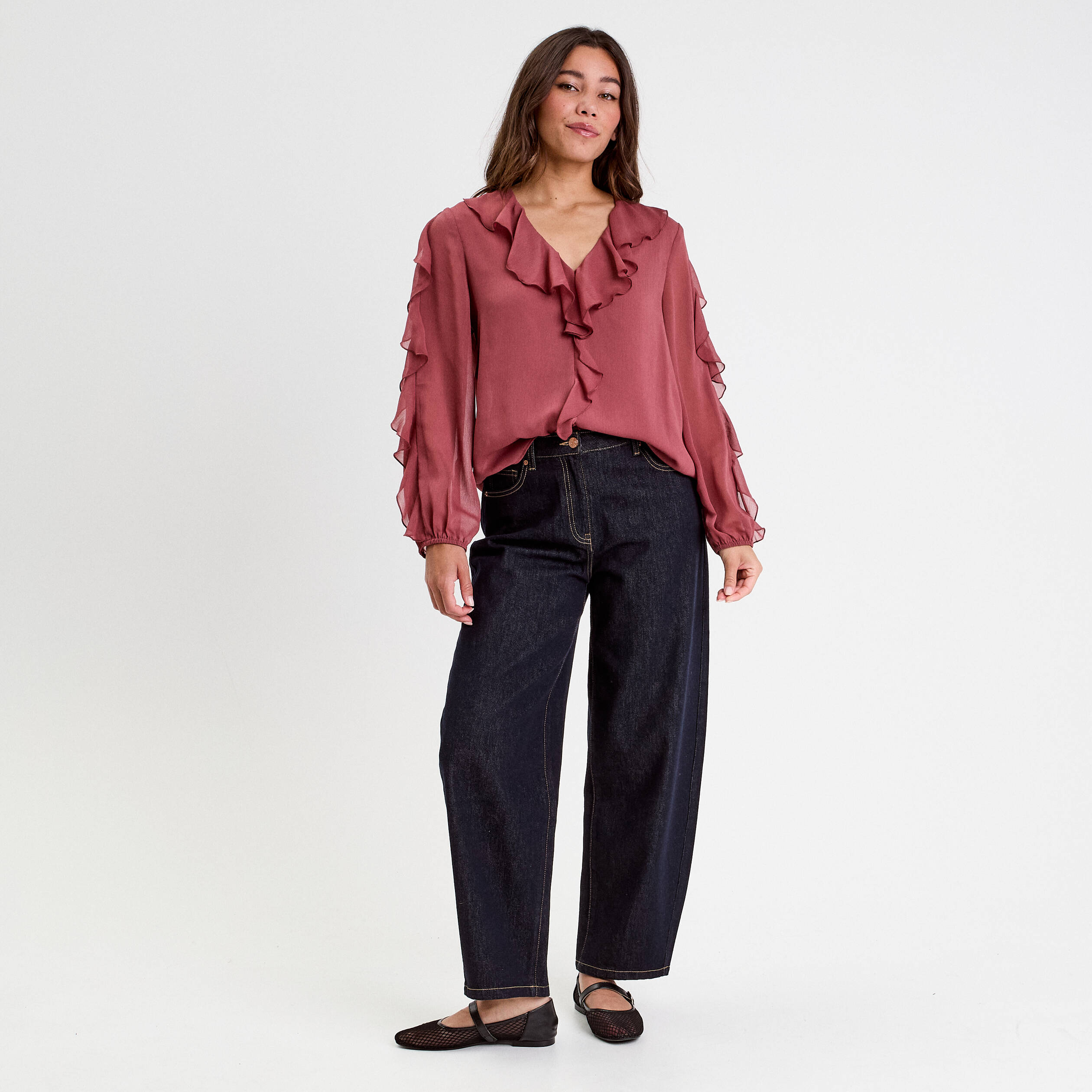 Blouse col V manches longues vieux rose femme