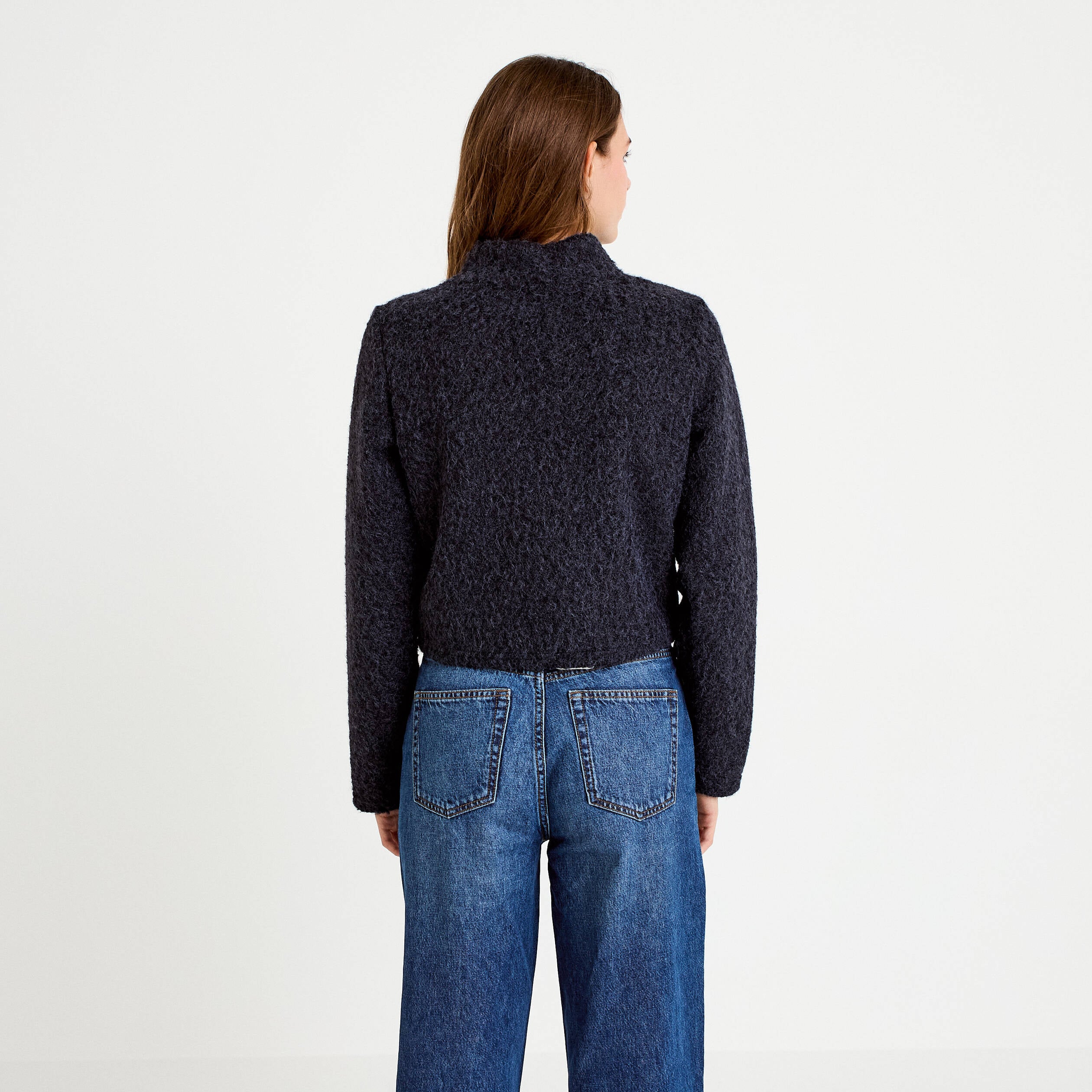 Veste droite cropped effet polaire bleu marine femme