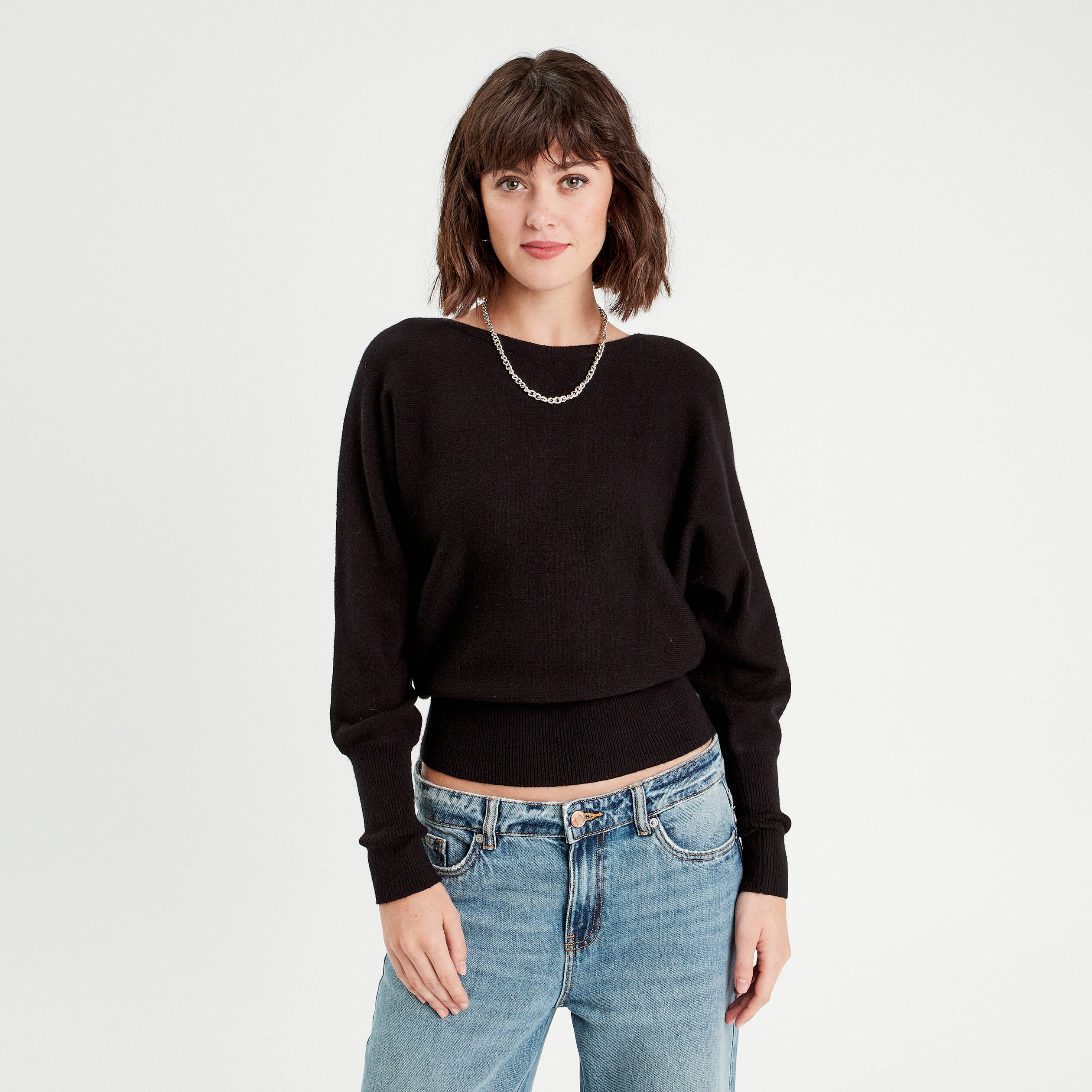 Pull en maille pailletée à manches chauves-souris - Bleu