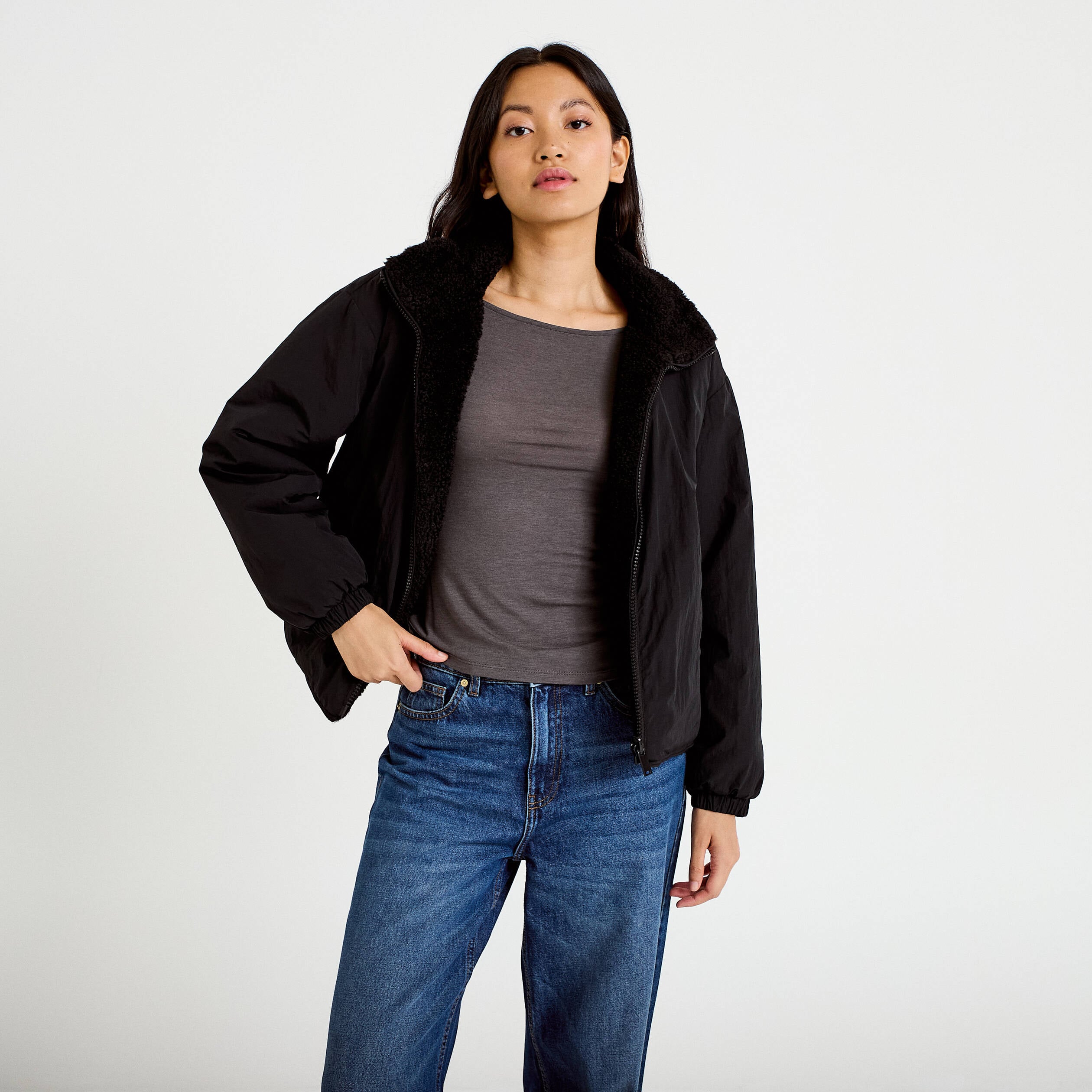 Veste r&eacute;versible effet polaire noir femme