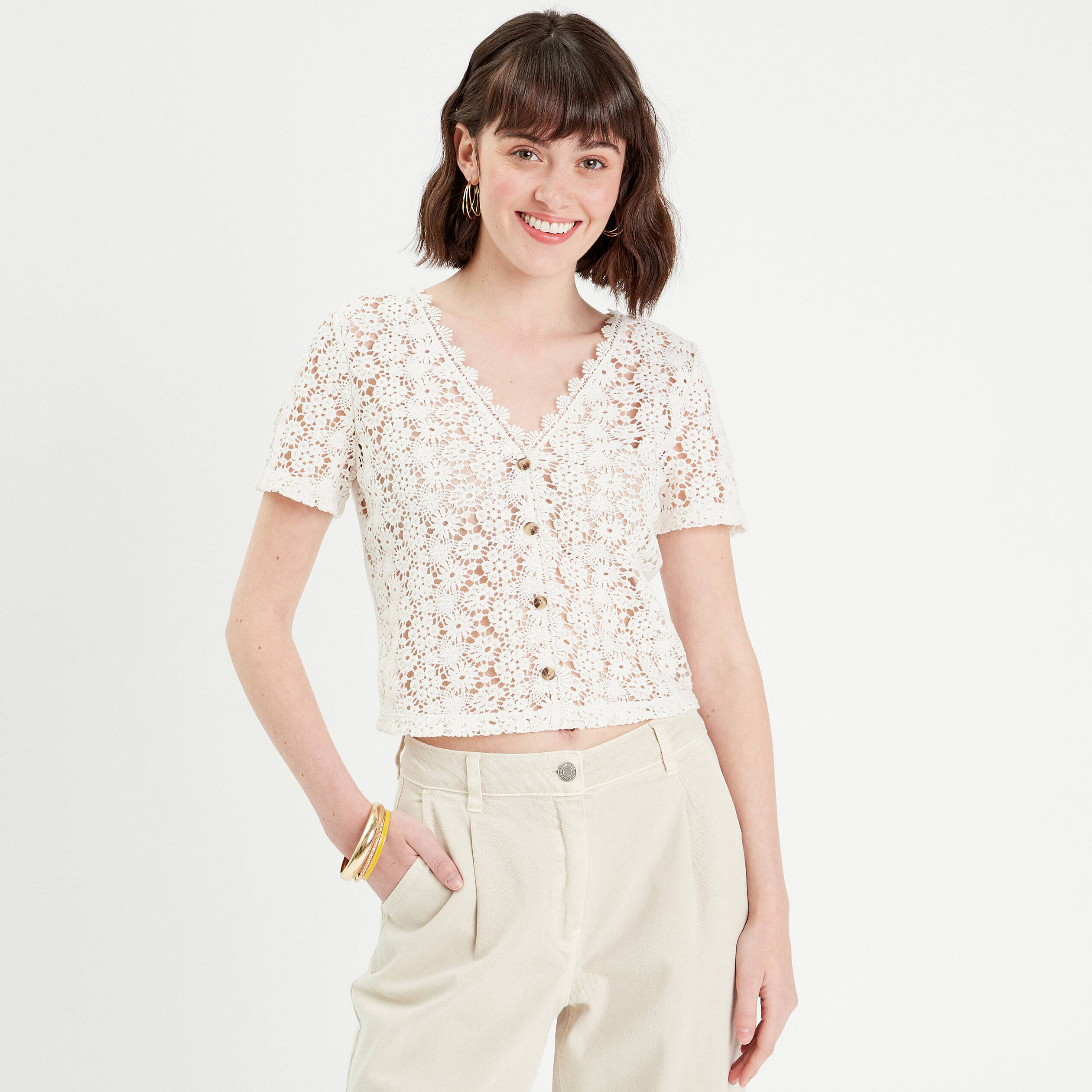 top macrame boutonne ecru femme Top macramé boutonné ecru femme