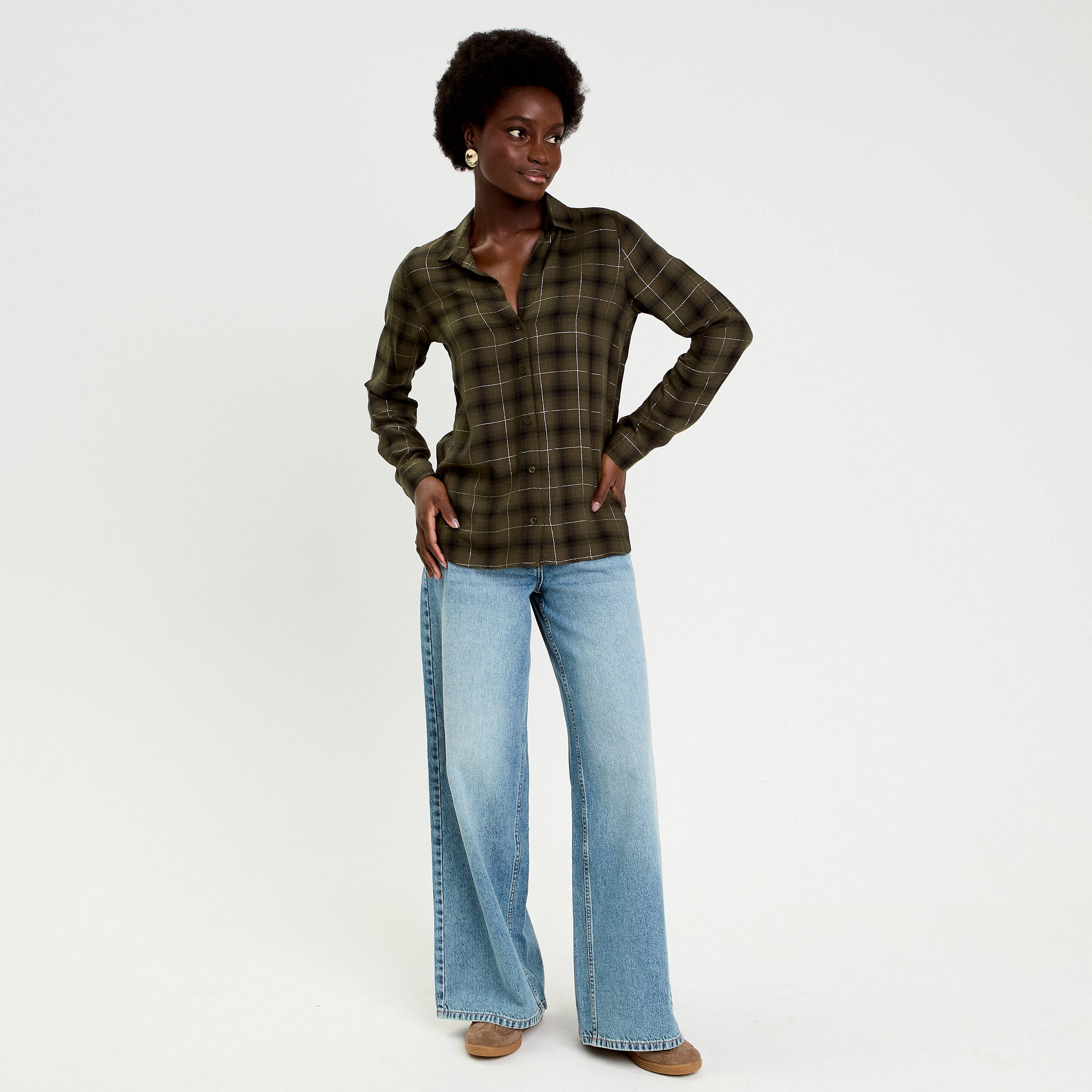 Chemise &agrave; carreaux fils m&eacute;tallis&eacute;s vert menthe femme