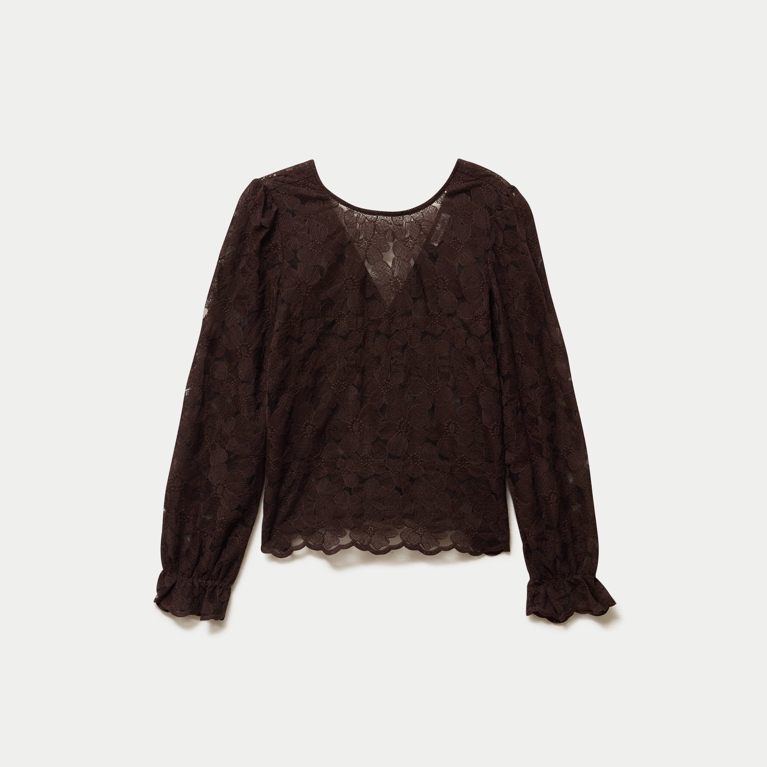 Blouse droite col v en dentelle marron fonc&eacute; femme