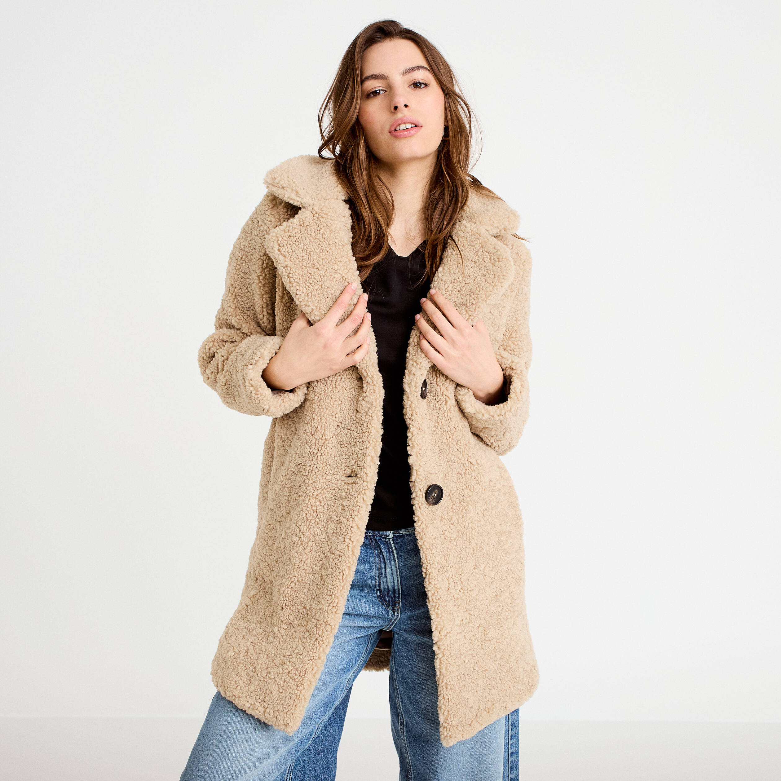 Manteau bouclette boutonné beige femme Vibs