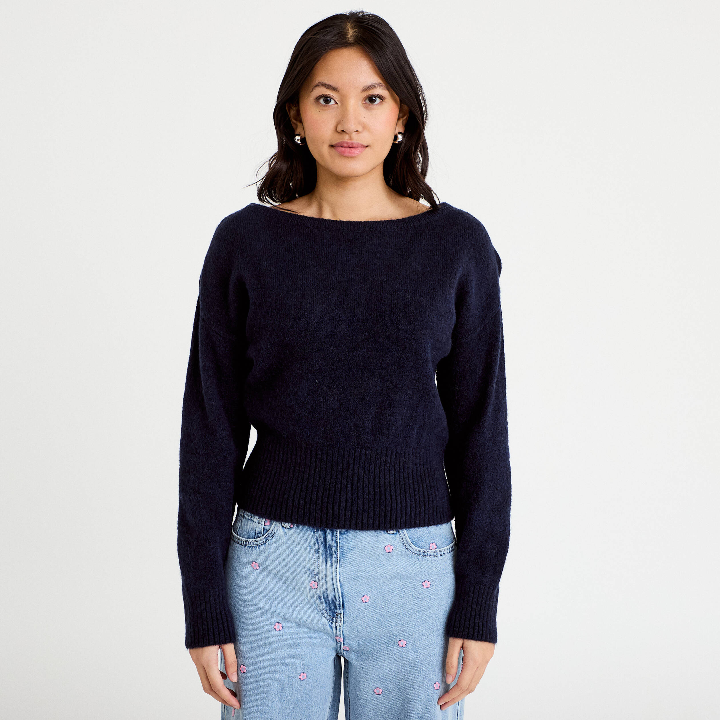 Pull col bateau bleu marine femme
