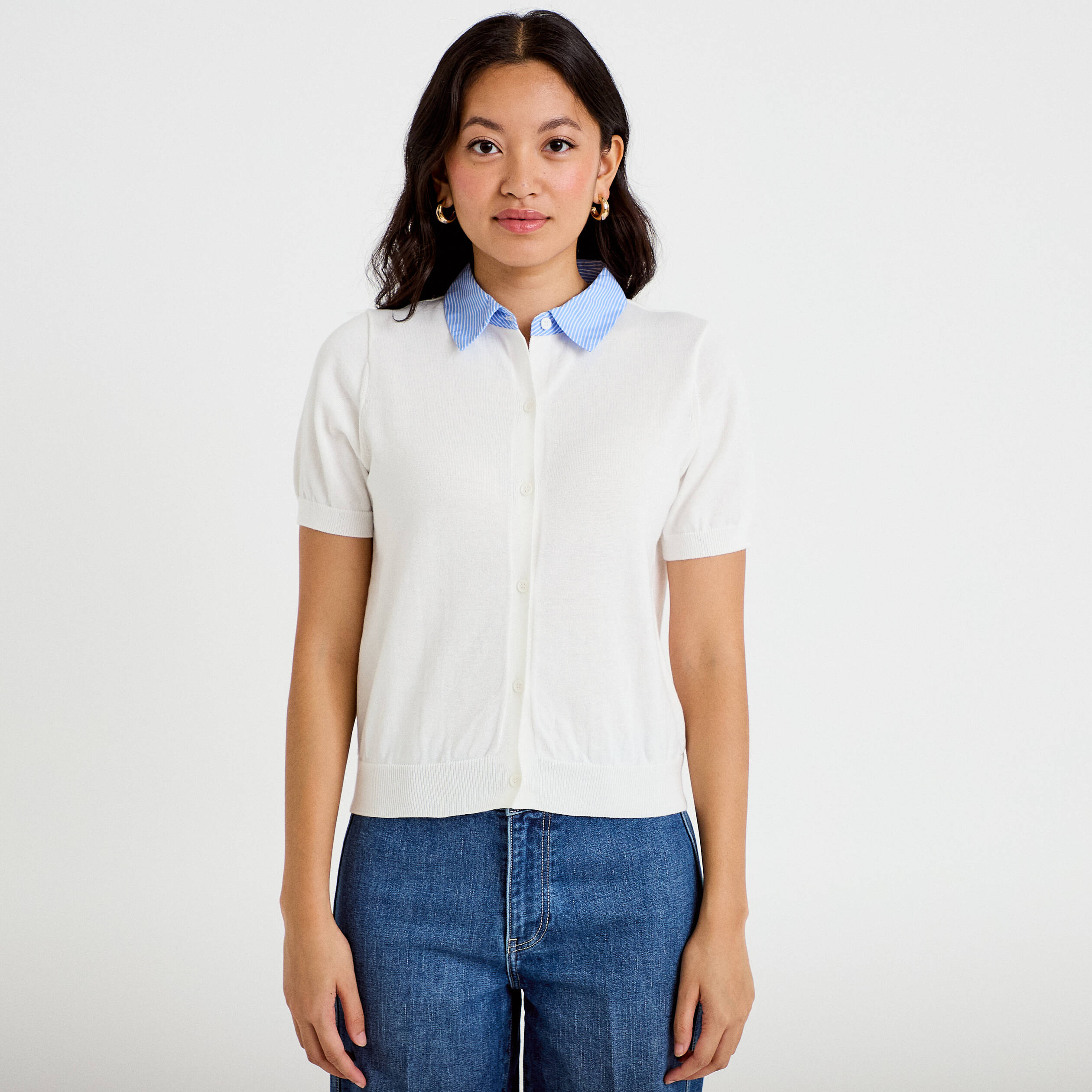 Polo col chemise manches courtes blanc femme
