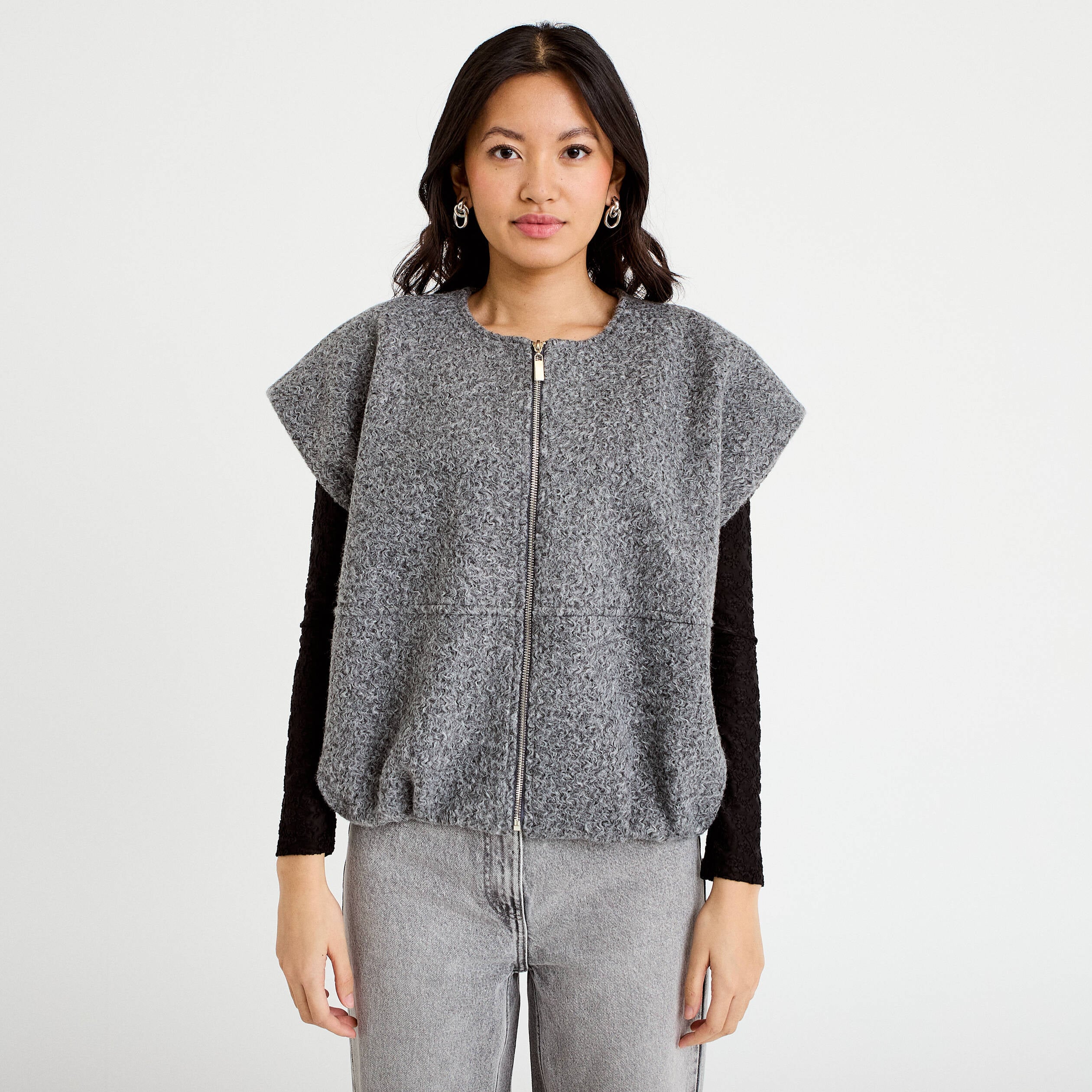 Veste oversize sans manches col rond gris clair femme
