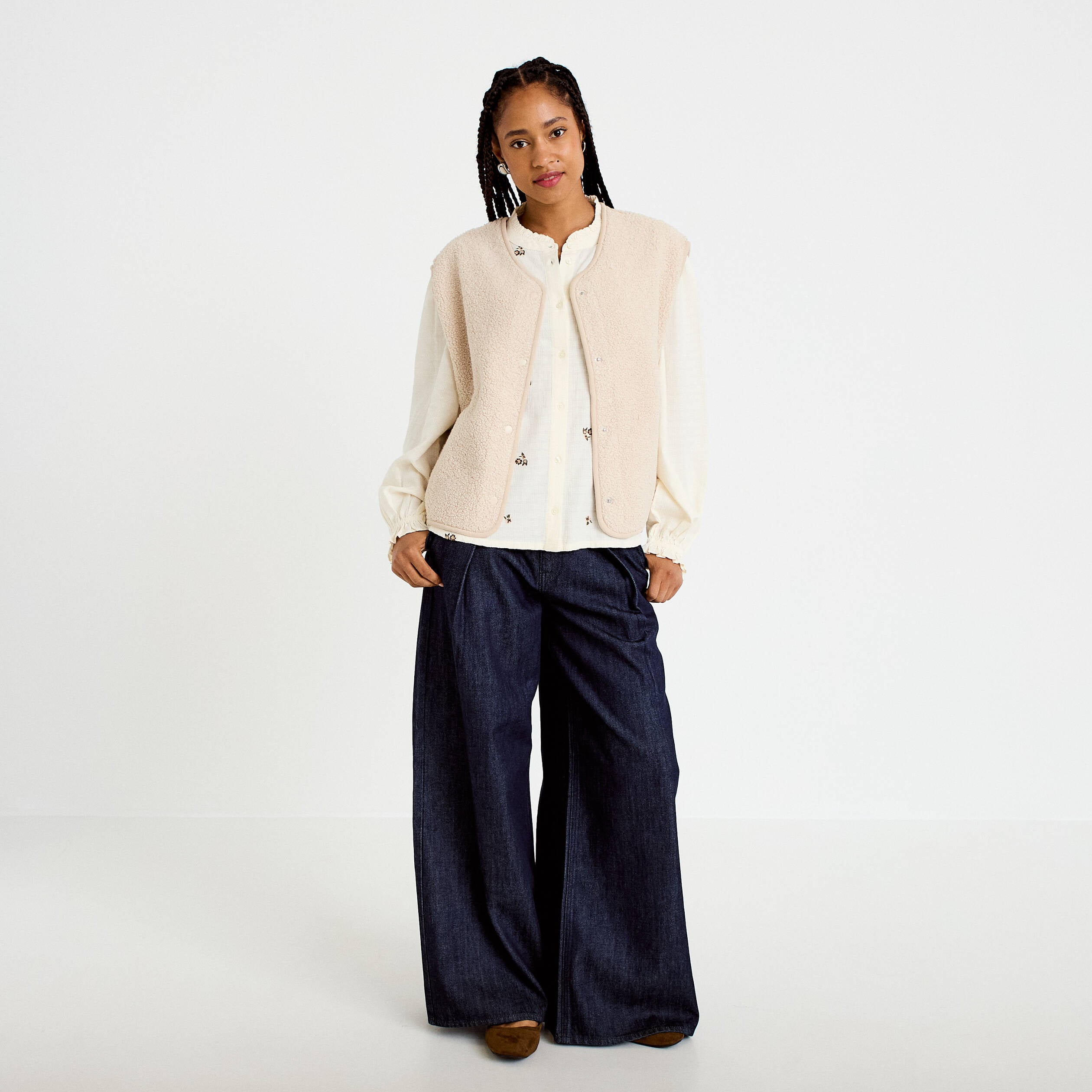 Blouse droite courte broderie ivoire femme