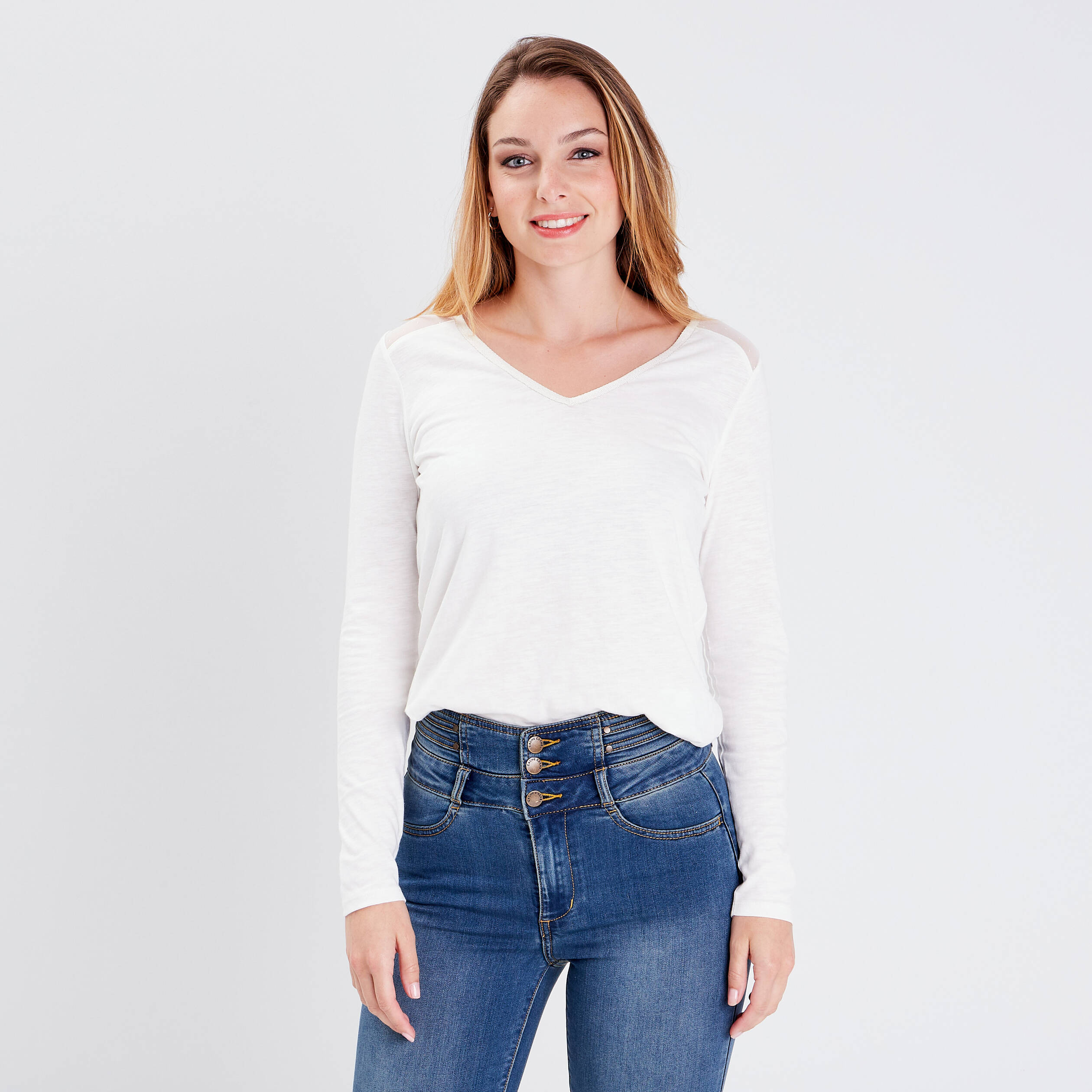 Pull manches longues effet croisé ivoire femme | Morgan
