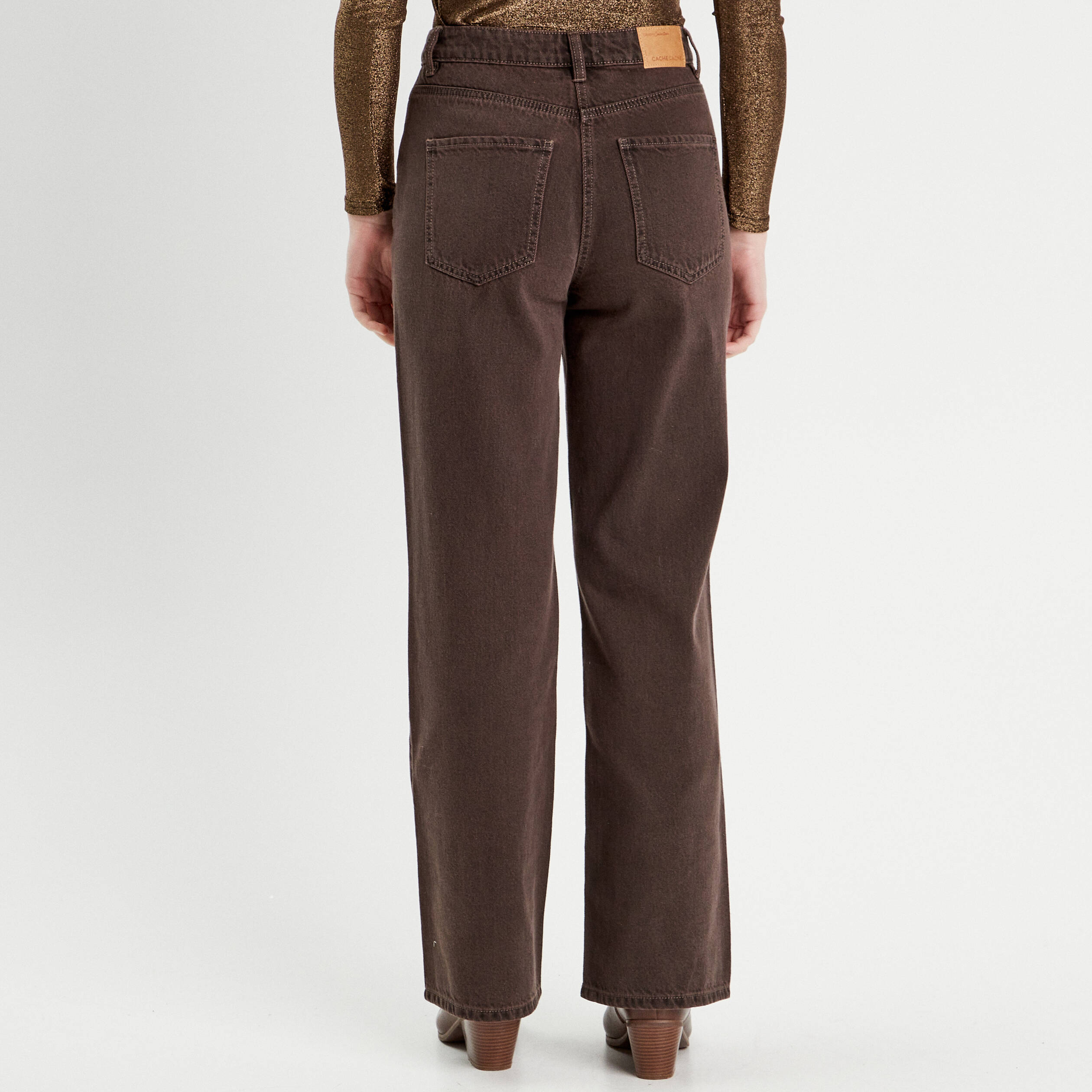 Jeans wide leg taille haute marron fonc&eacute; femme