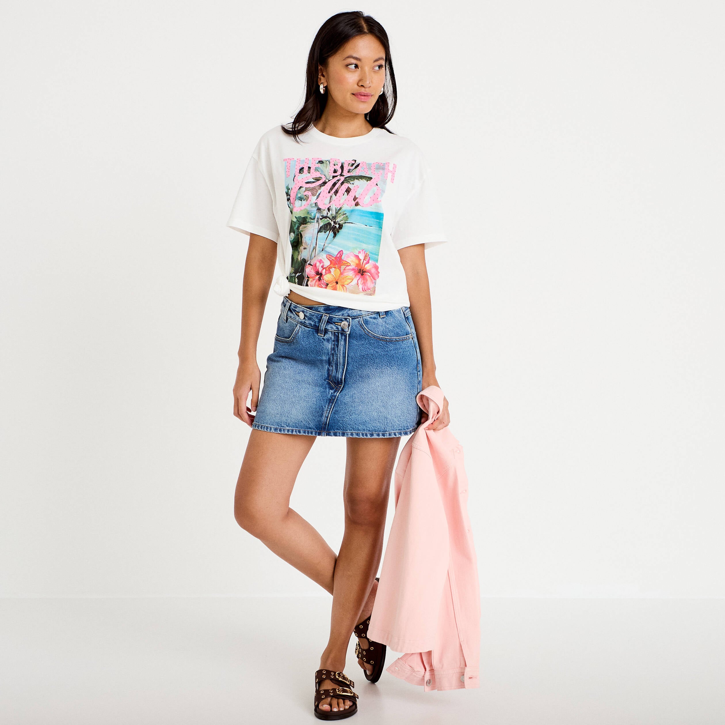T-shirt col rond manches courtes ecru femme