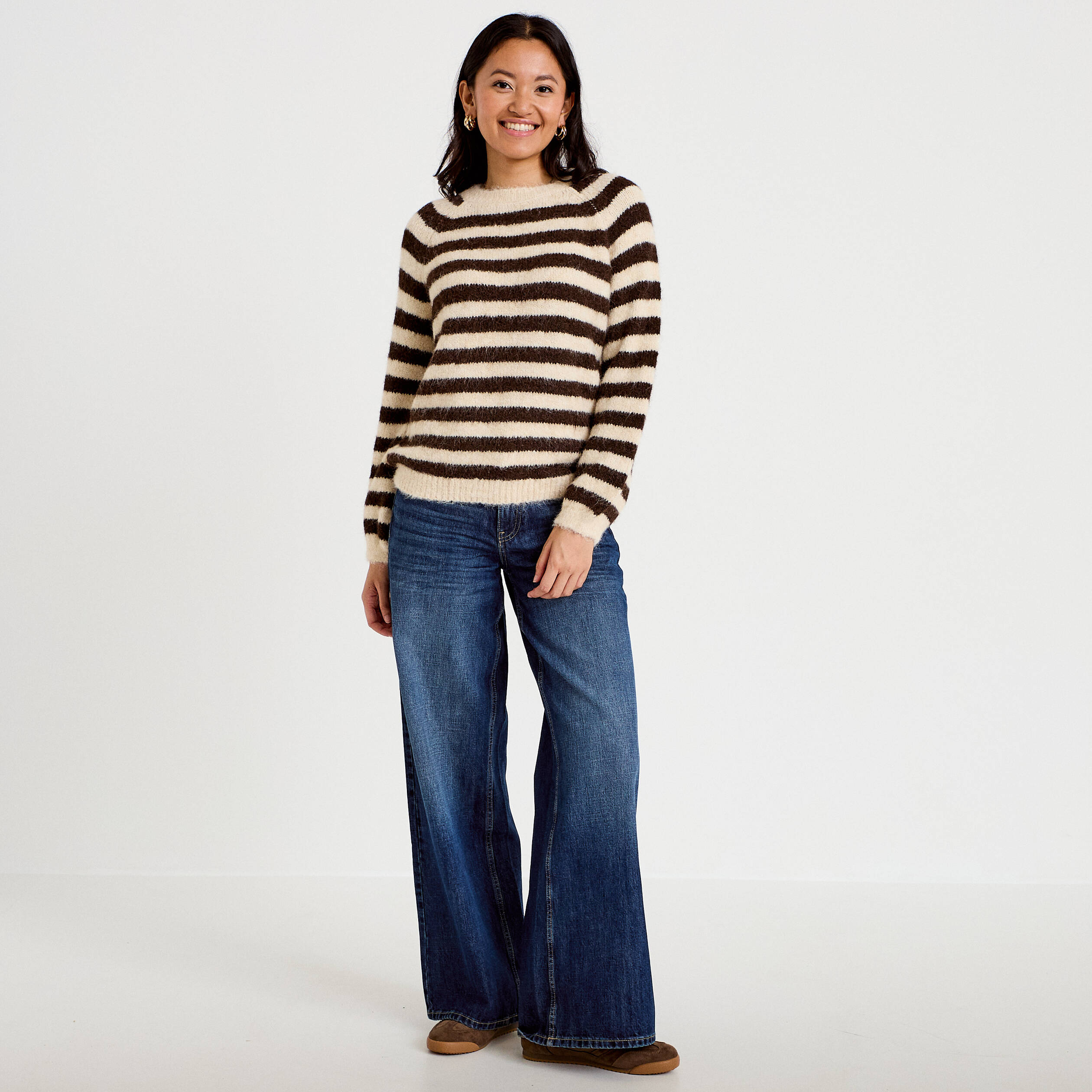 Pull ample col rond manches longues ivoire femme