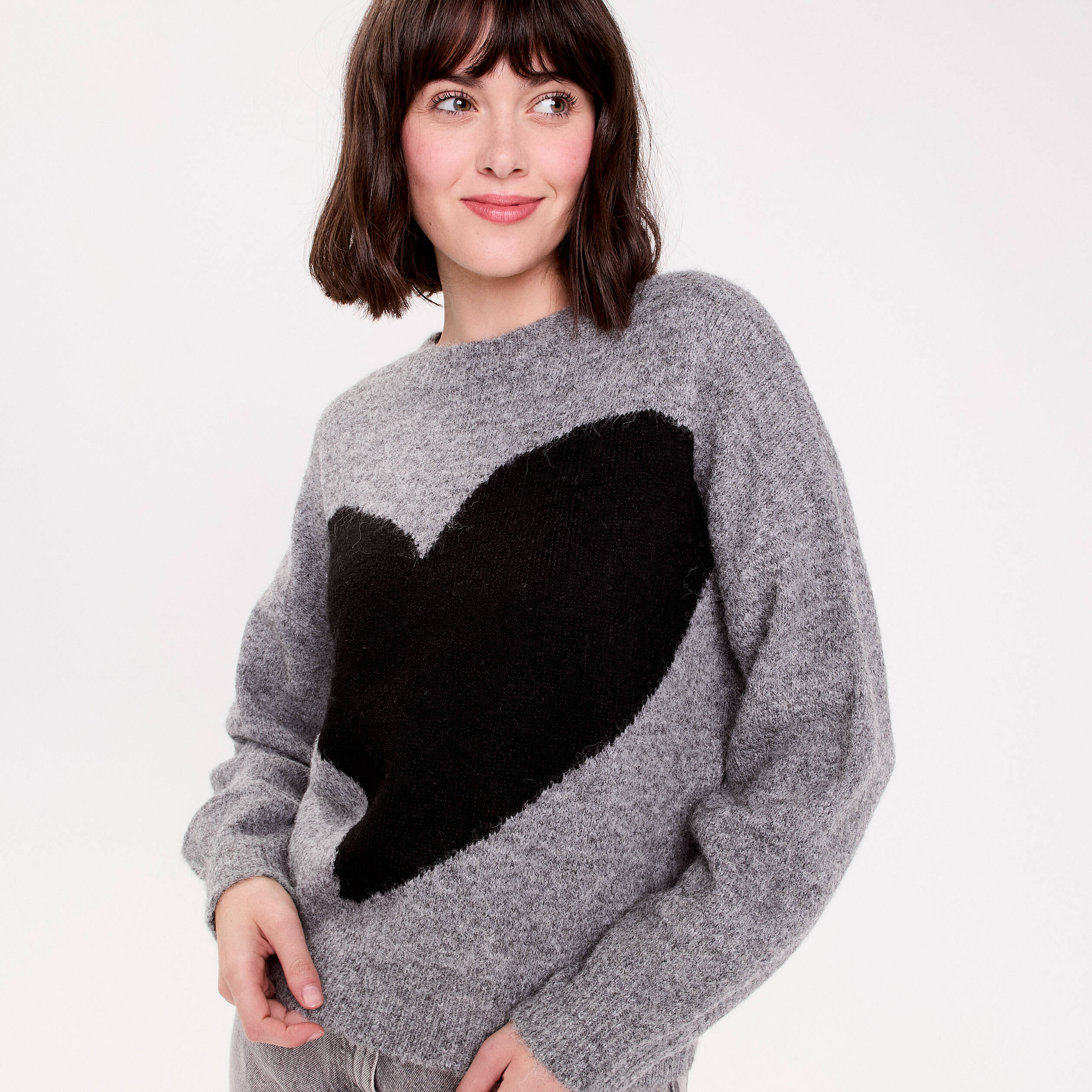 Pull col rond manches longues gris fonc&eacute; femme