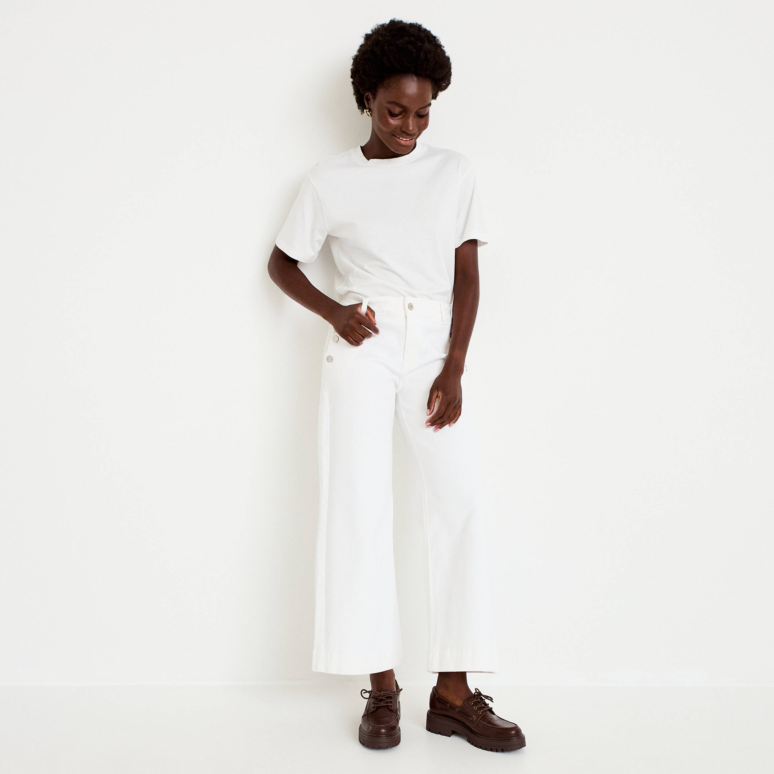 Jean wide leg cropped taille haute denim blanc femme