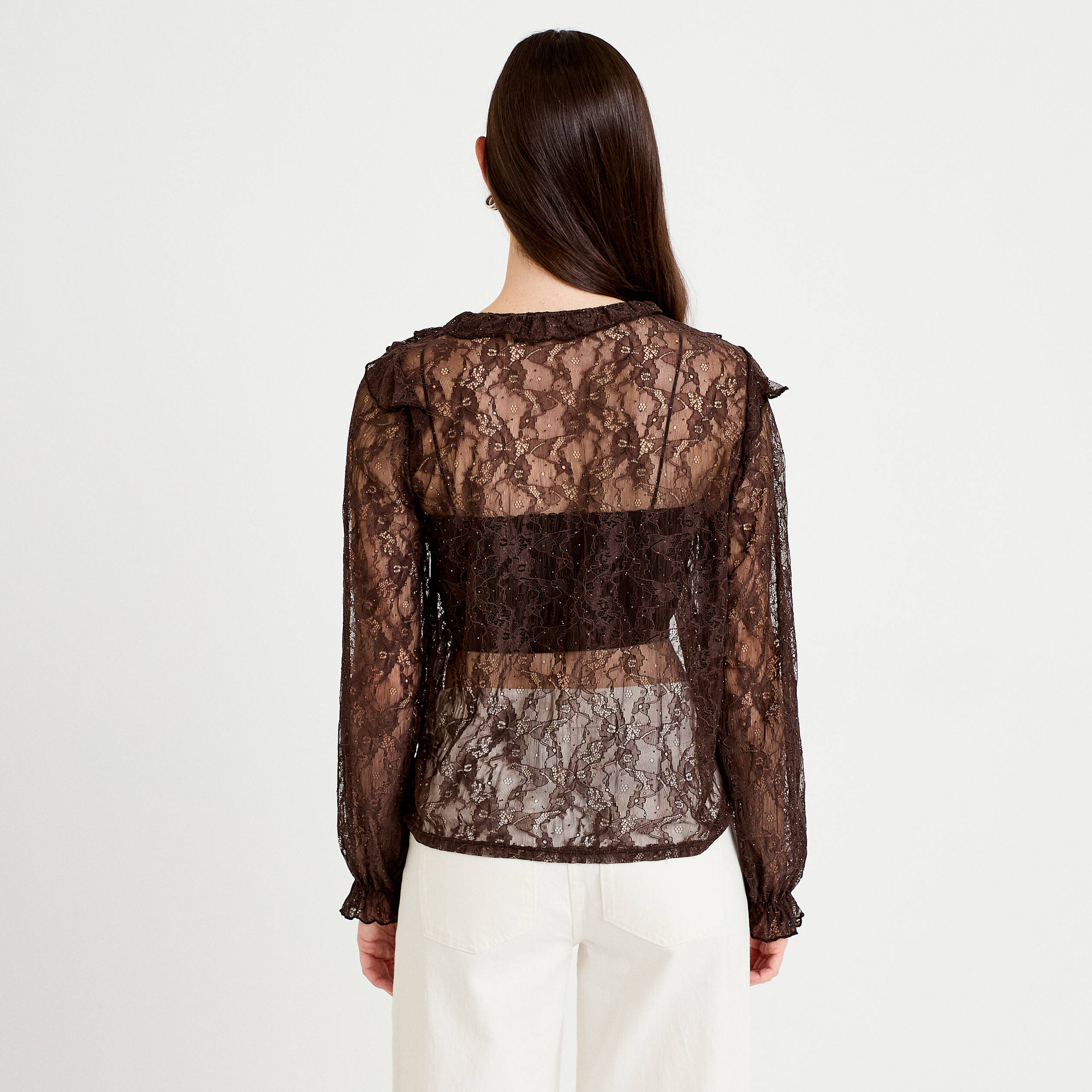 Blouse dentelle manches longues marron fonc&eacute; femme