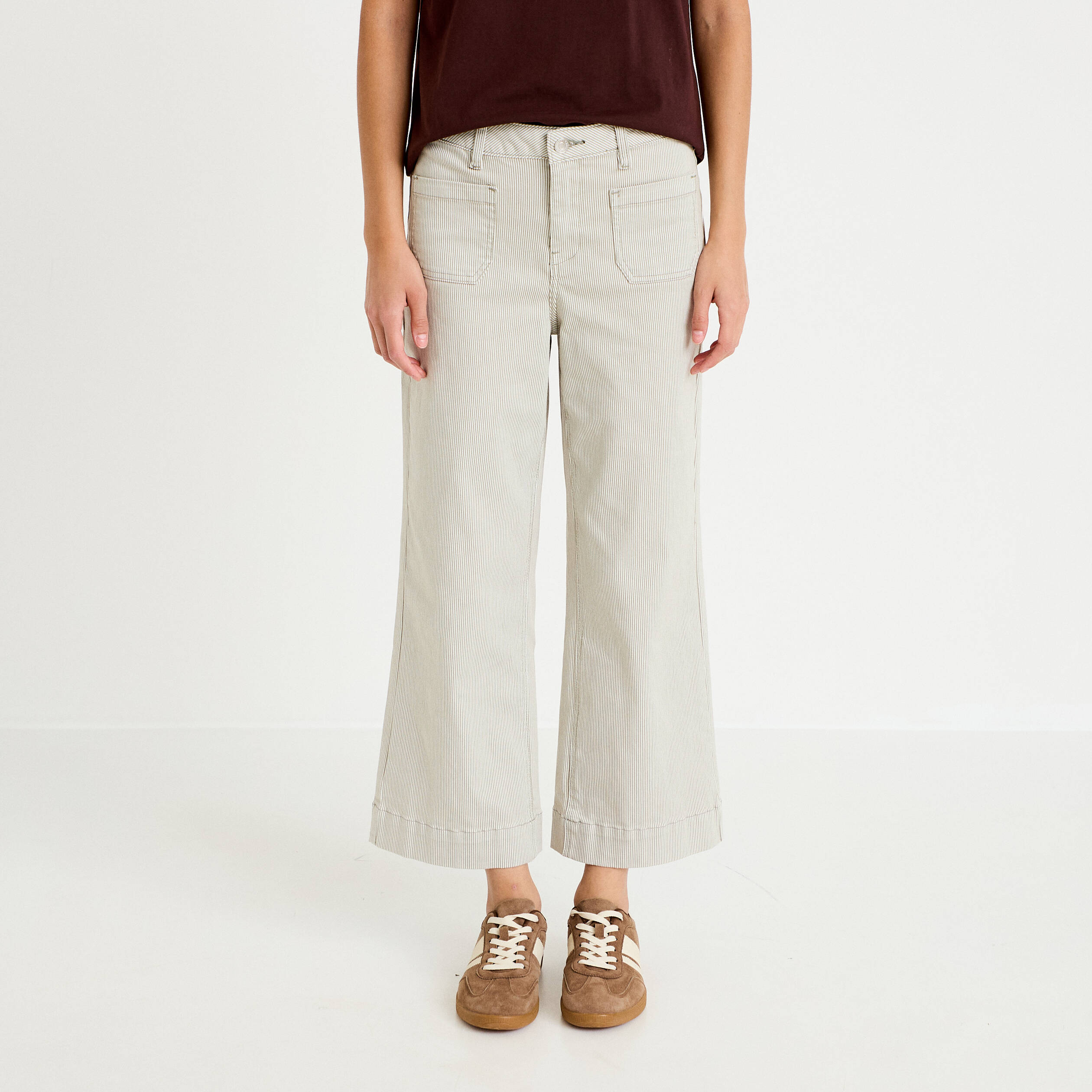 Pantalon large cropped taille haute vert kaki femme