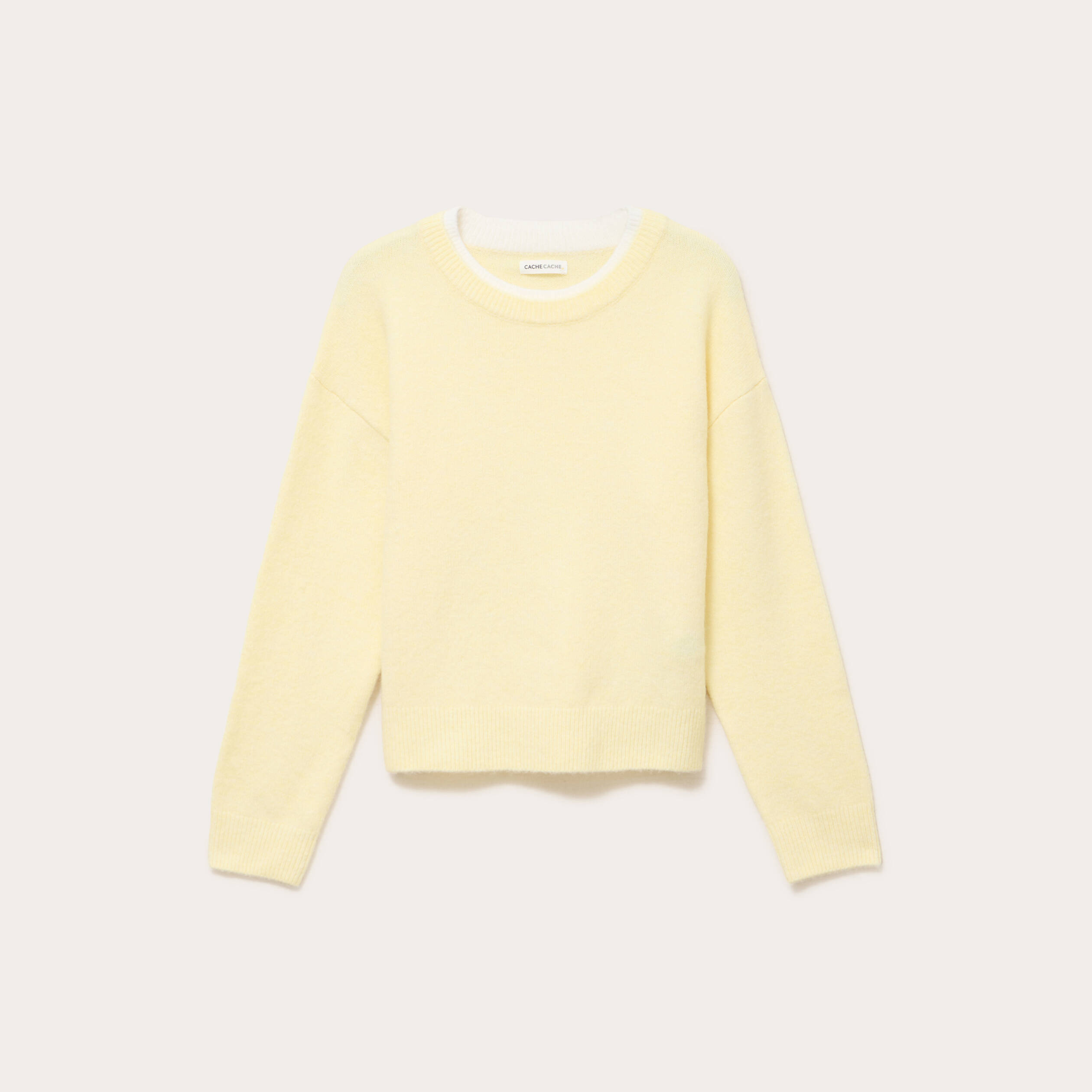 Pull col rond manches longues jaune clair femme