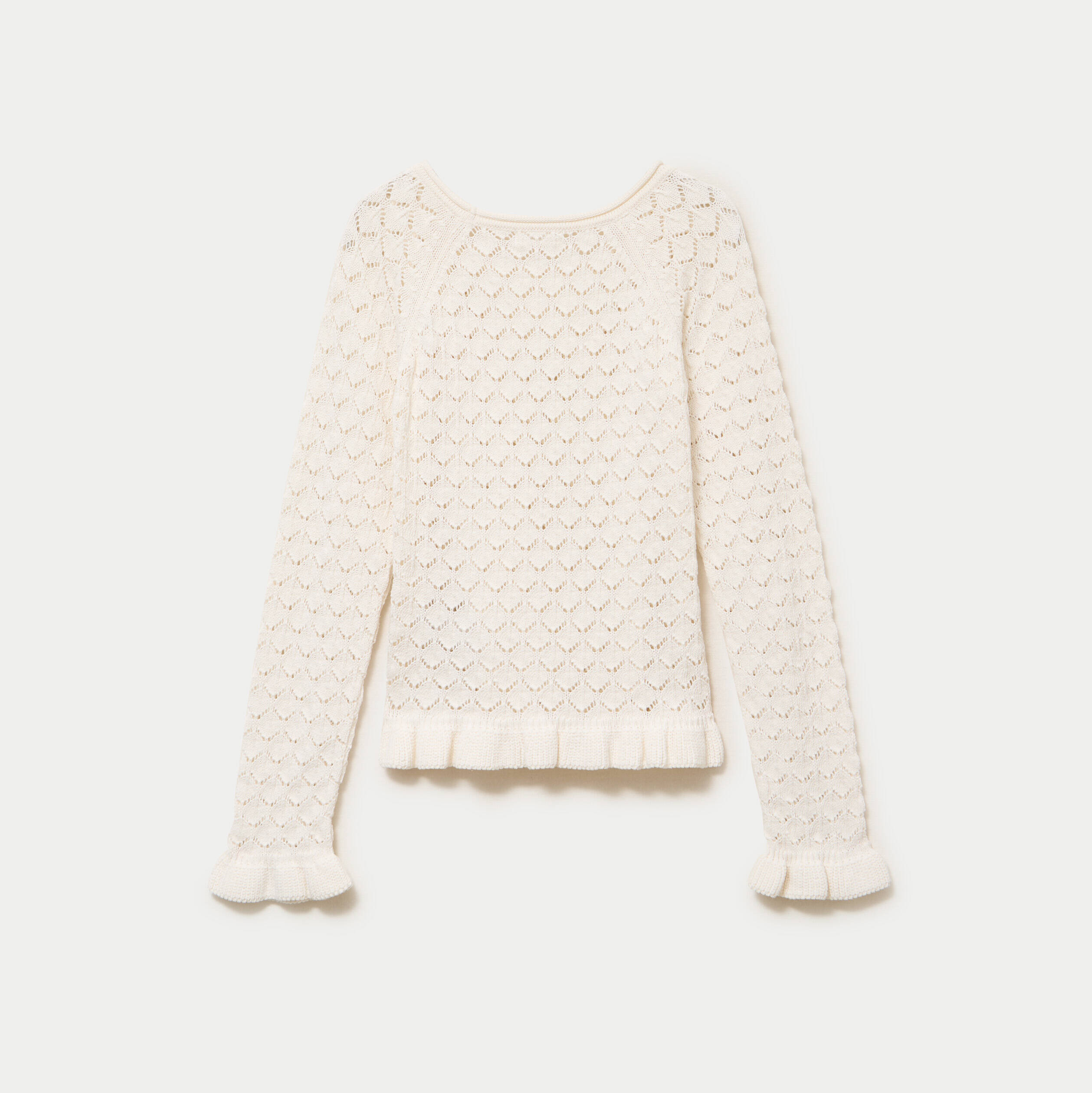 Pull ajour&eacute; col rond manches longues ecru femme
