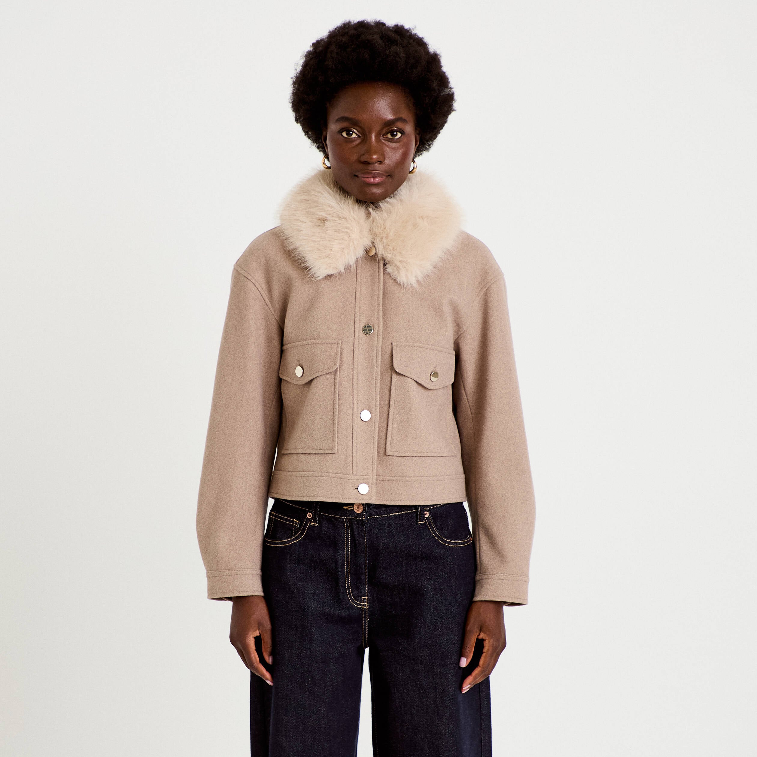 Veste droite cropped col tailleur taupe femme