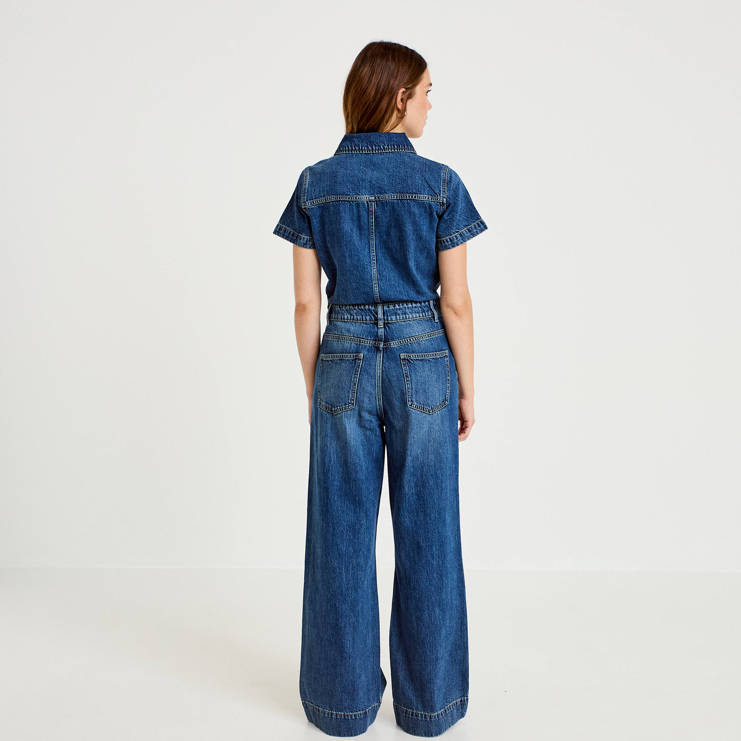 Combinaison jean flare col am&eacute;ricain denim stone femme