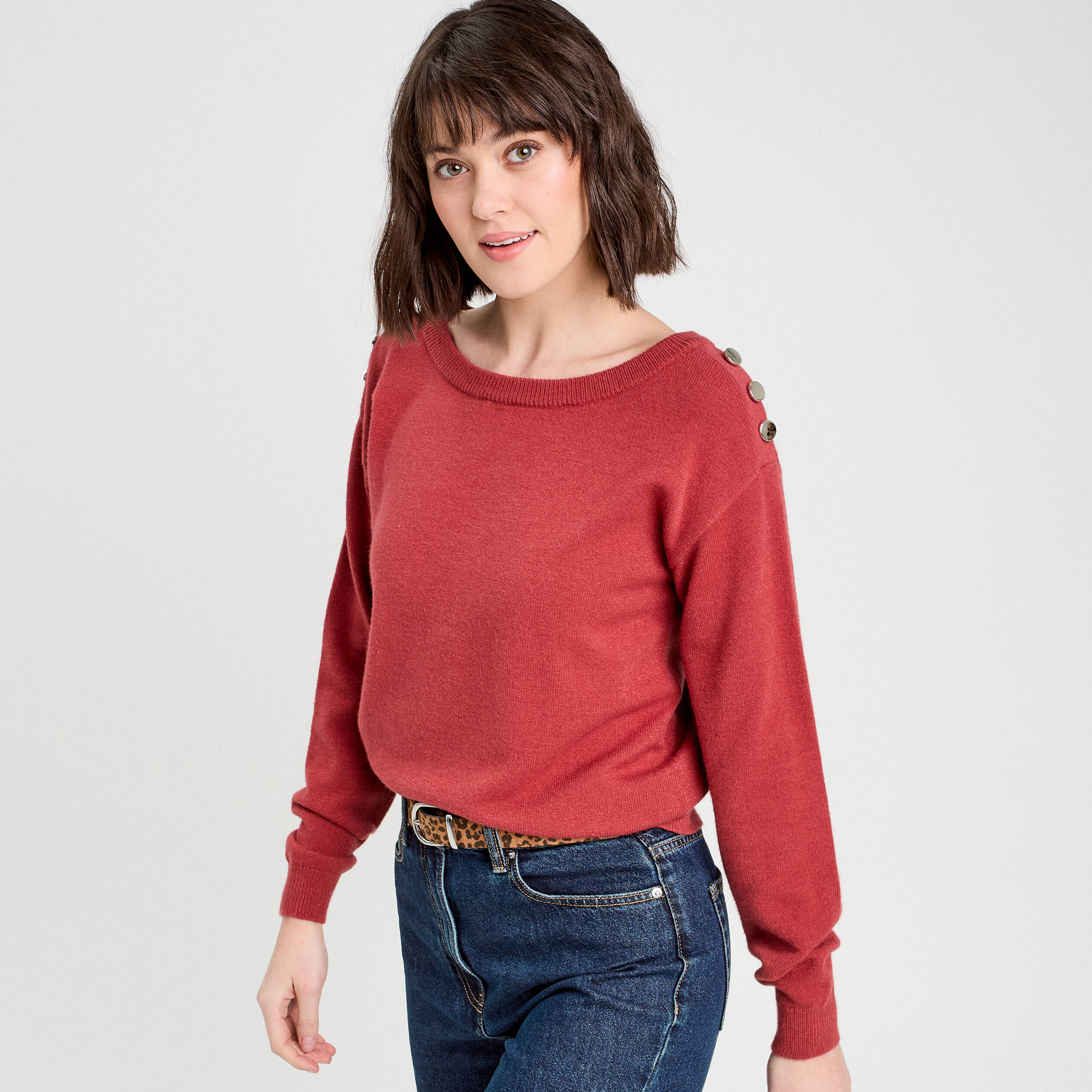 pull avec boutons epaules vieux rose femme Pull avec boutons épaules vieux rose femme