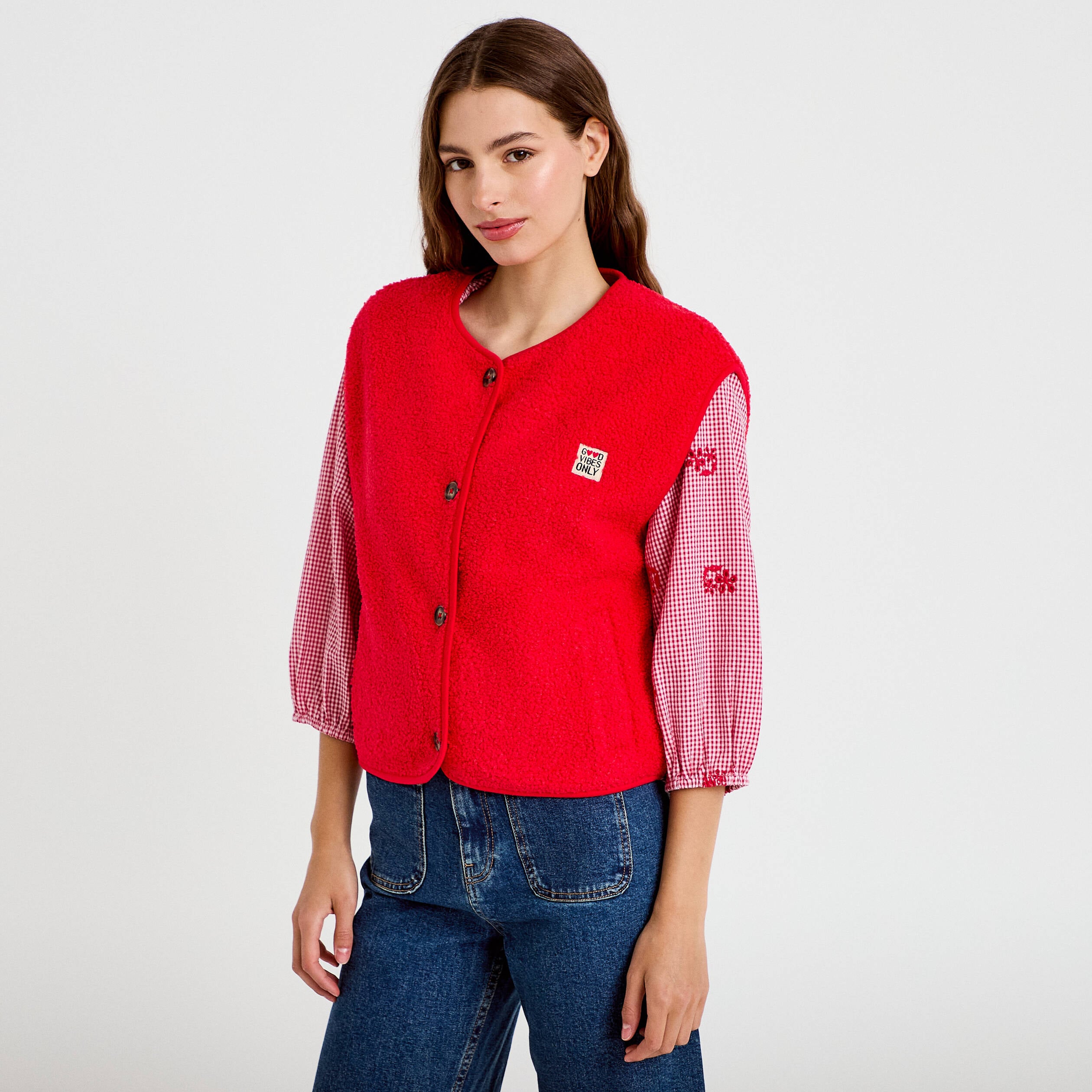 Gilet sans manches fausse fourrure rouge femme