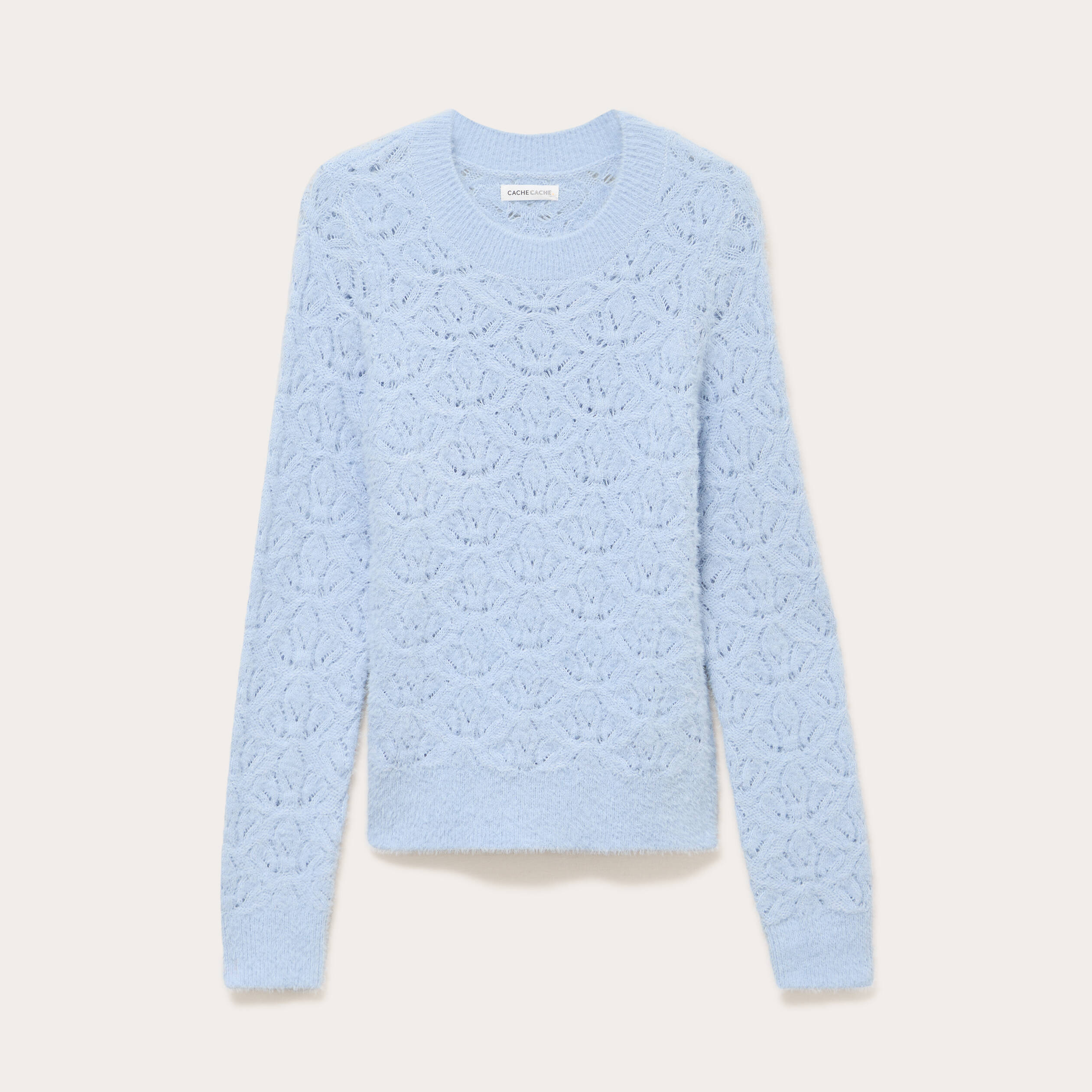 Pull ajour&eacute; col rond manches longues bleu clair femme
