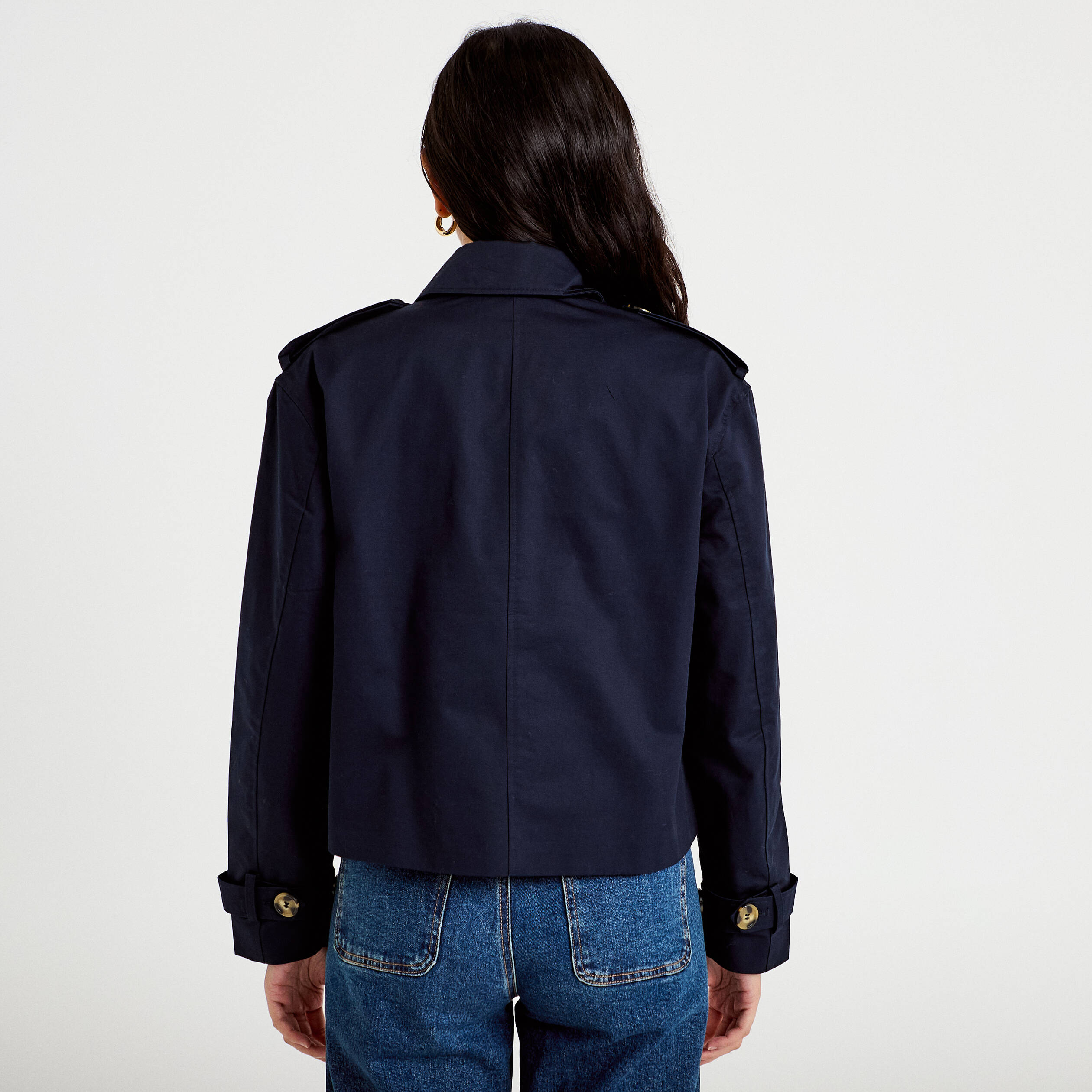 Trench droit court col tailleur bleu marine femme