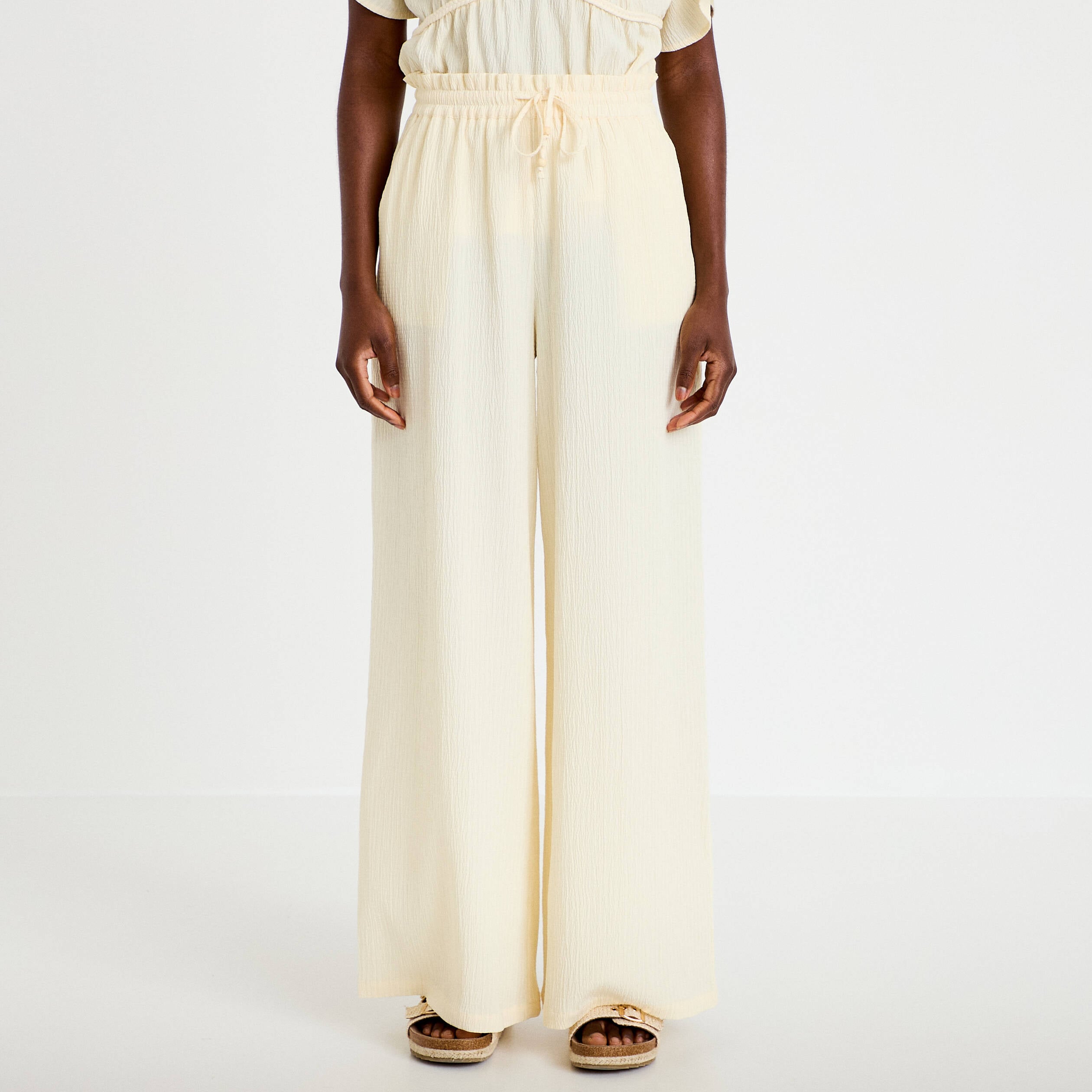 Pantalon large fluide taille haute ecru femme