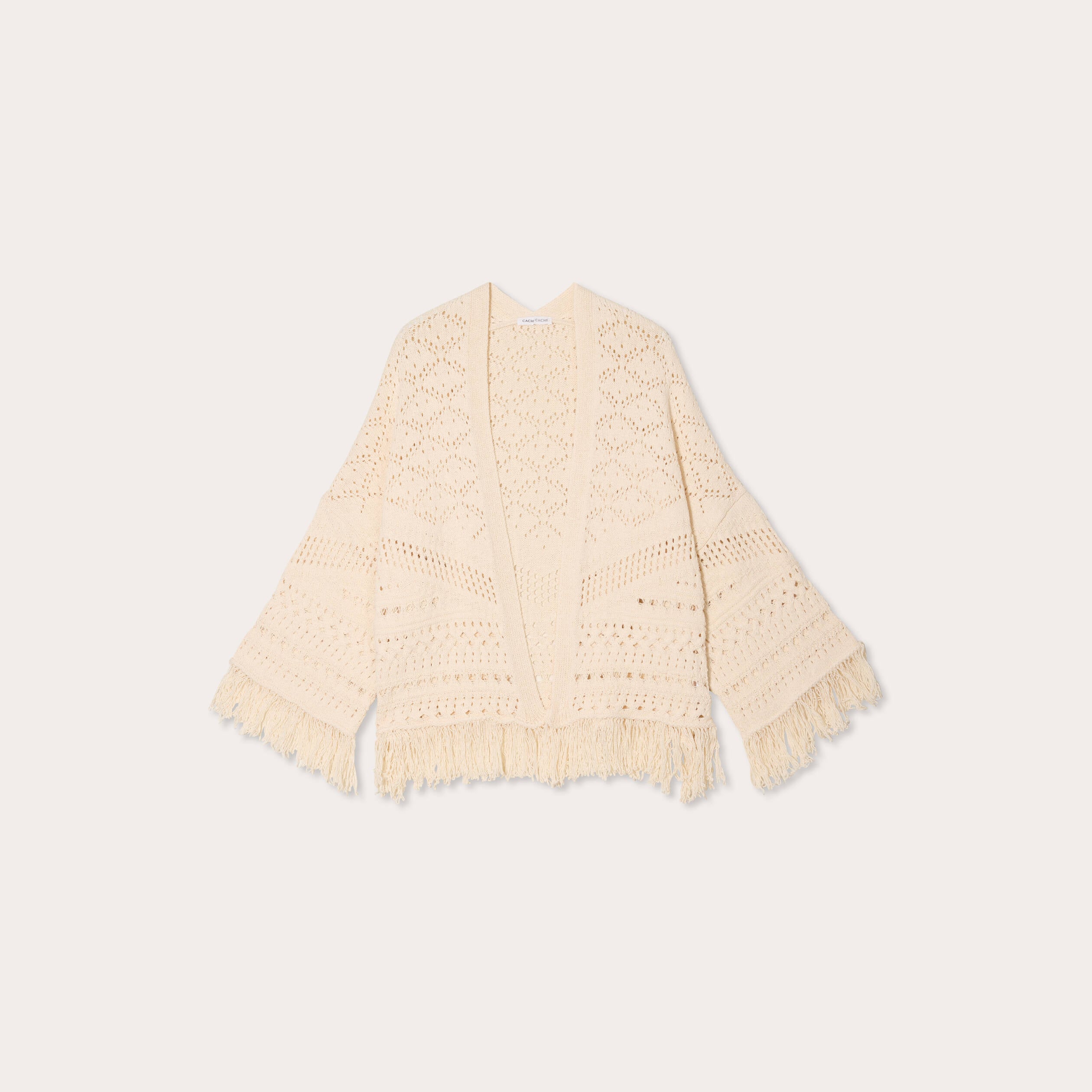 Gilet ajour&eacute; avec franges ecru femme