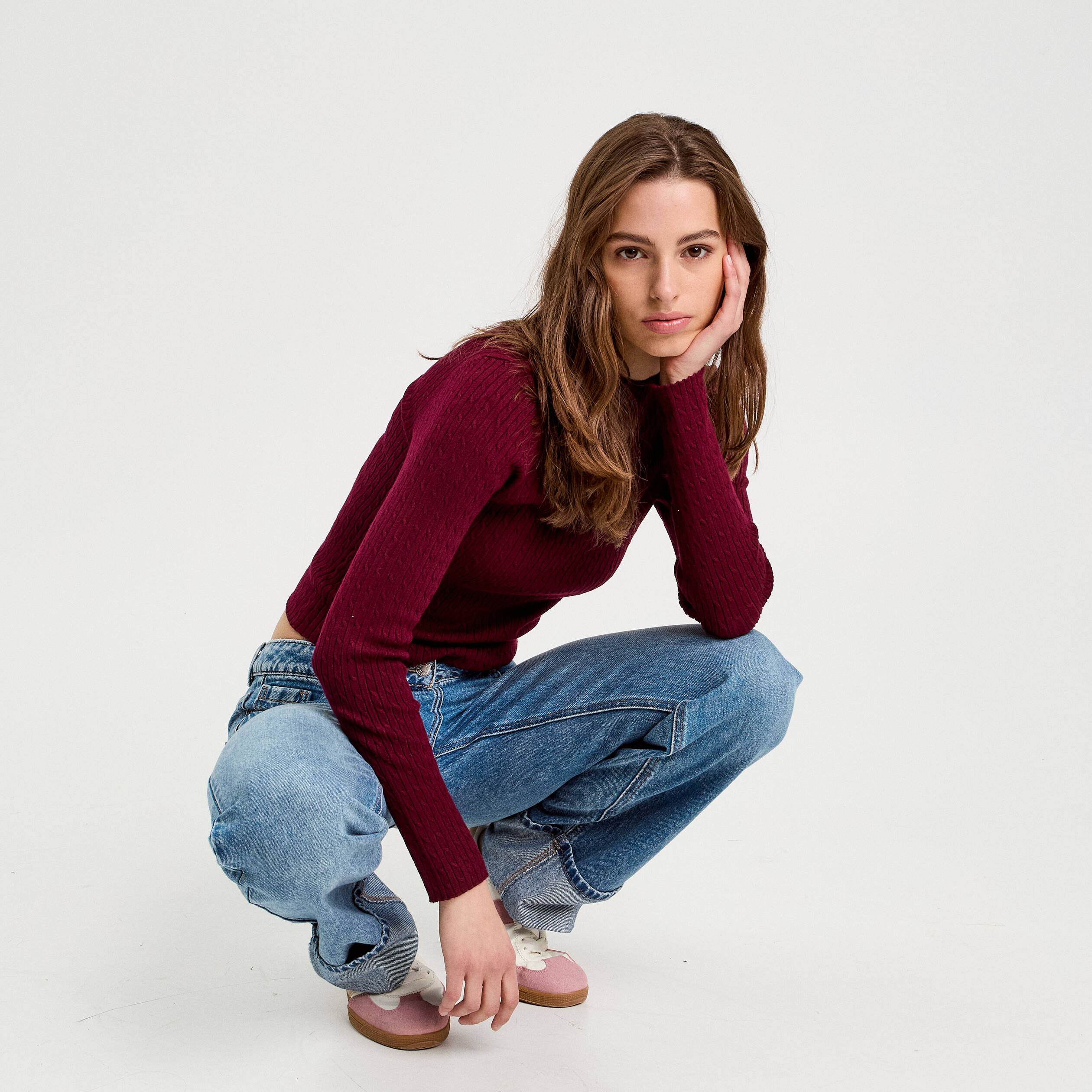 pull col montant torsades bordeaux femme Pull col montant torsades bordeaux femme