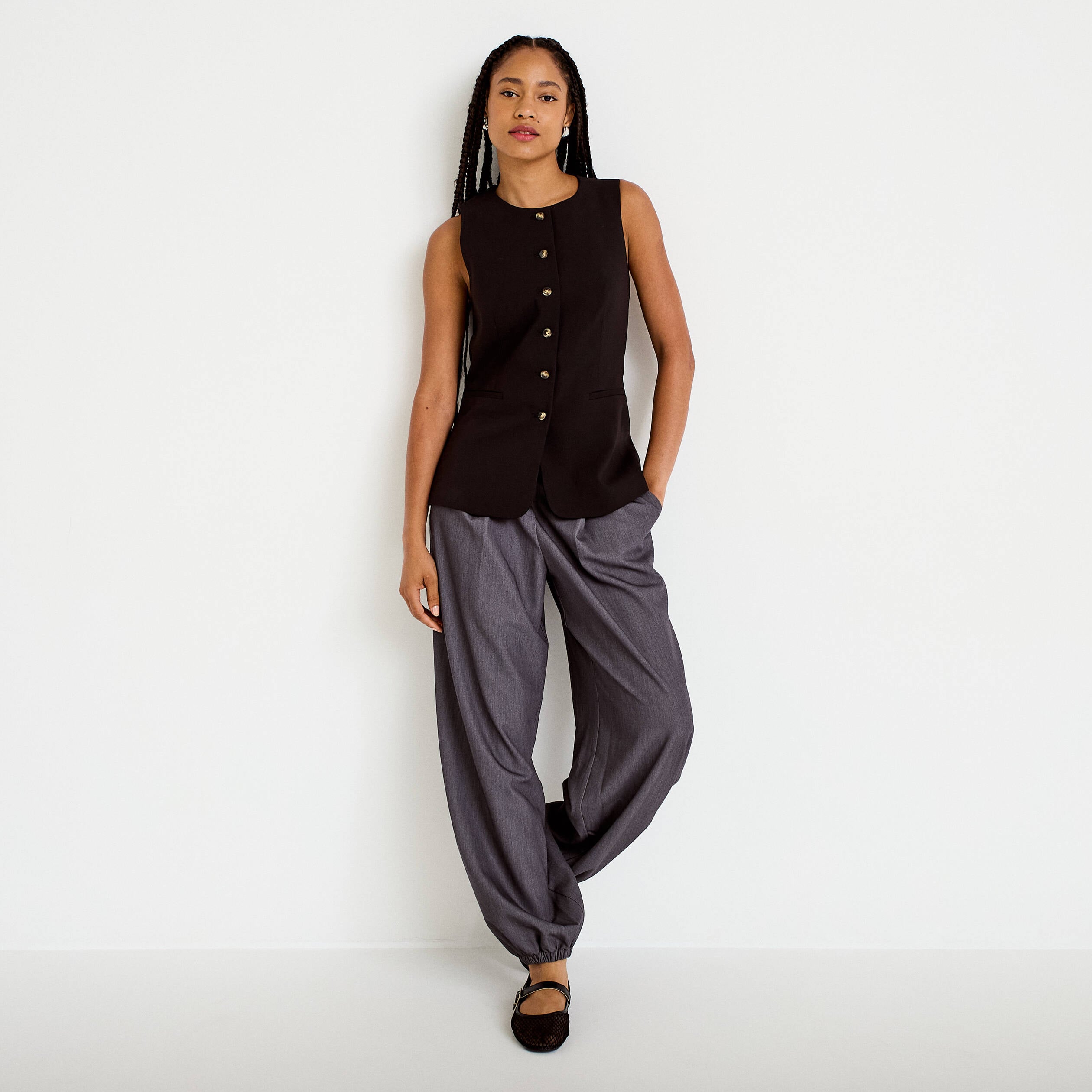 Pantalon city taille basse effet boule gris fonc&eacute; femme