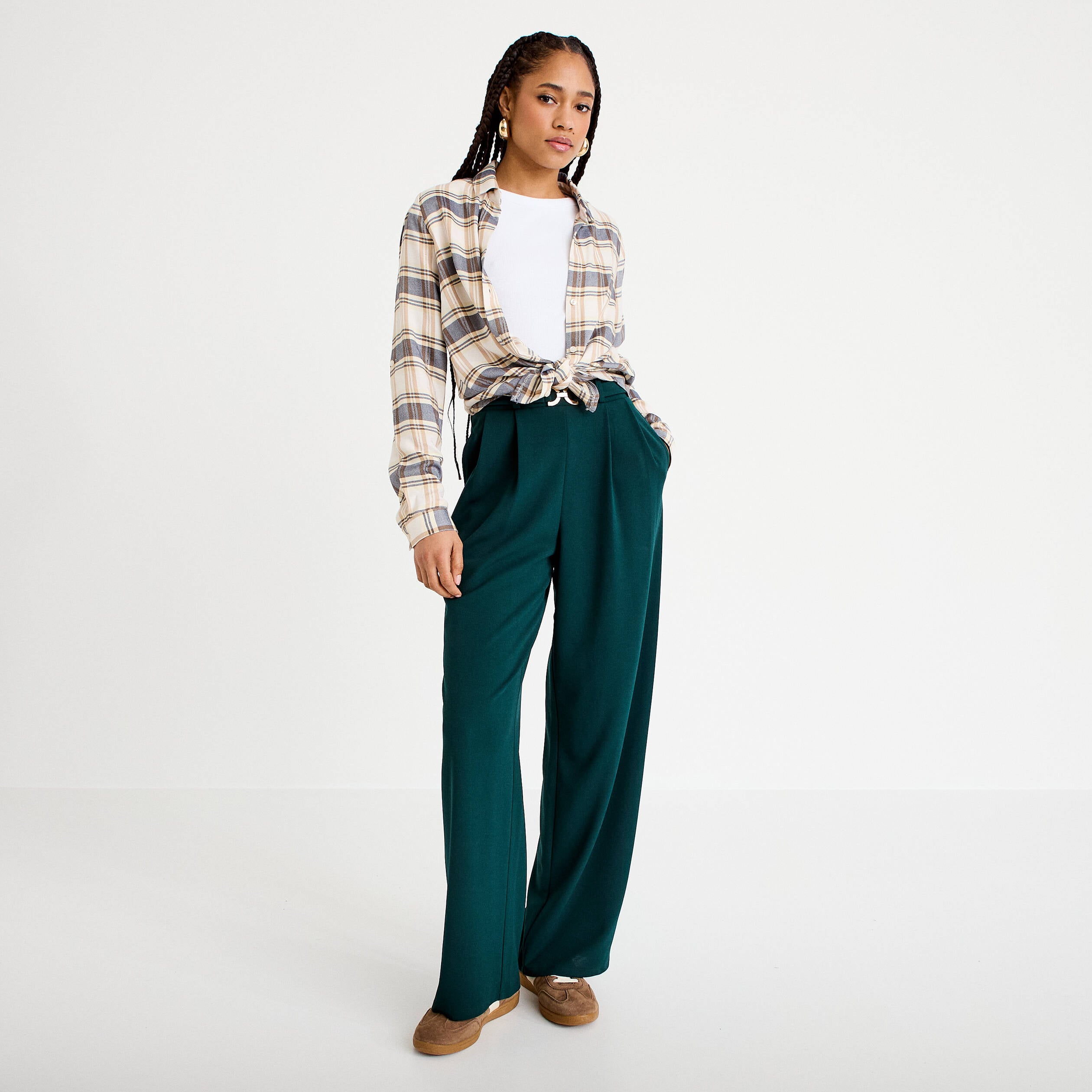 Pantalon large ceinture bijou vert fonc&eacute; femme