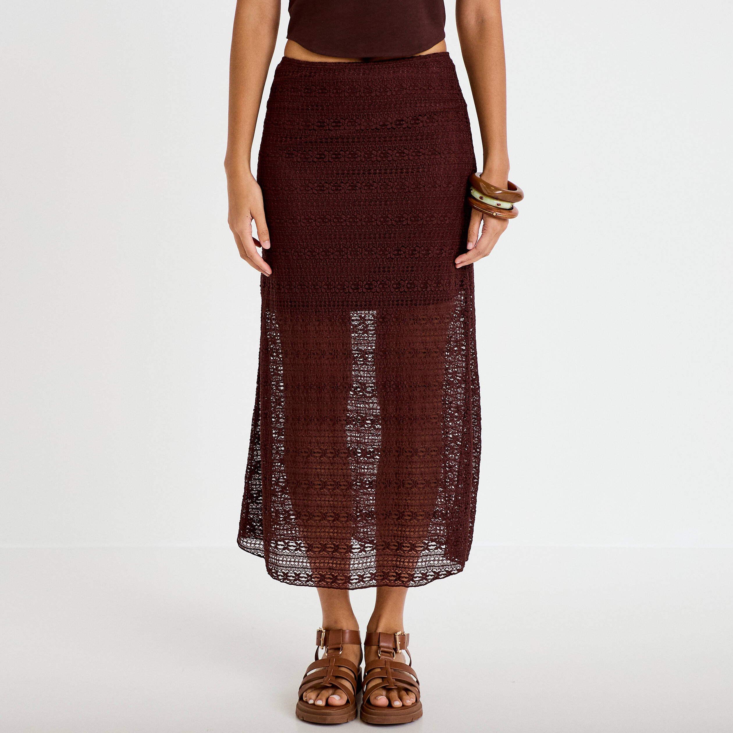 Jupe longue droite en dentelle marron femme