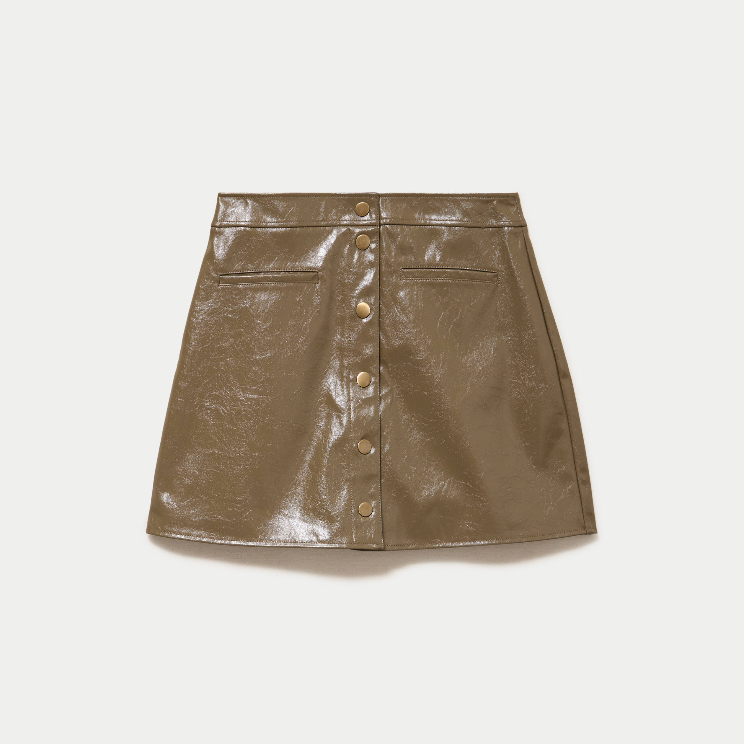 Jupe trap&egrave;ze courte en similicuir vert kaki femme