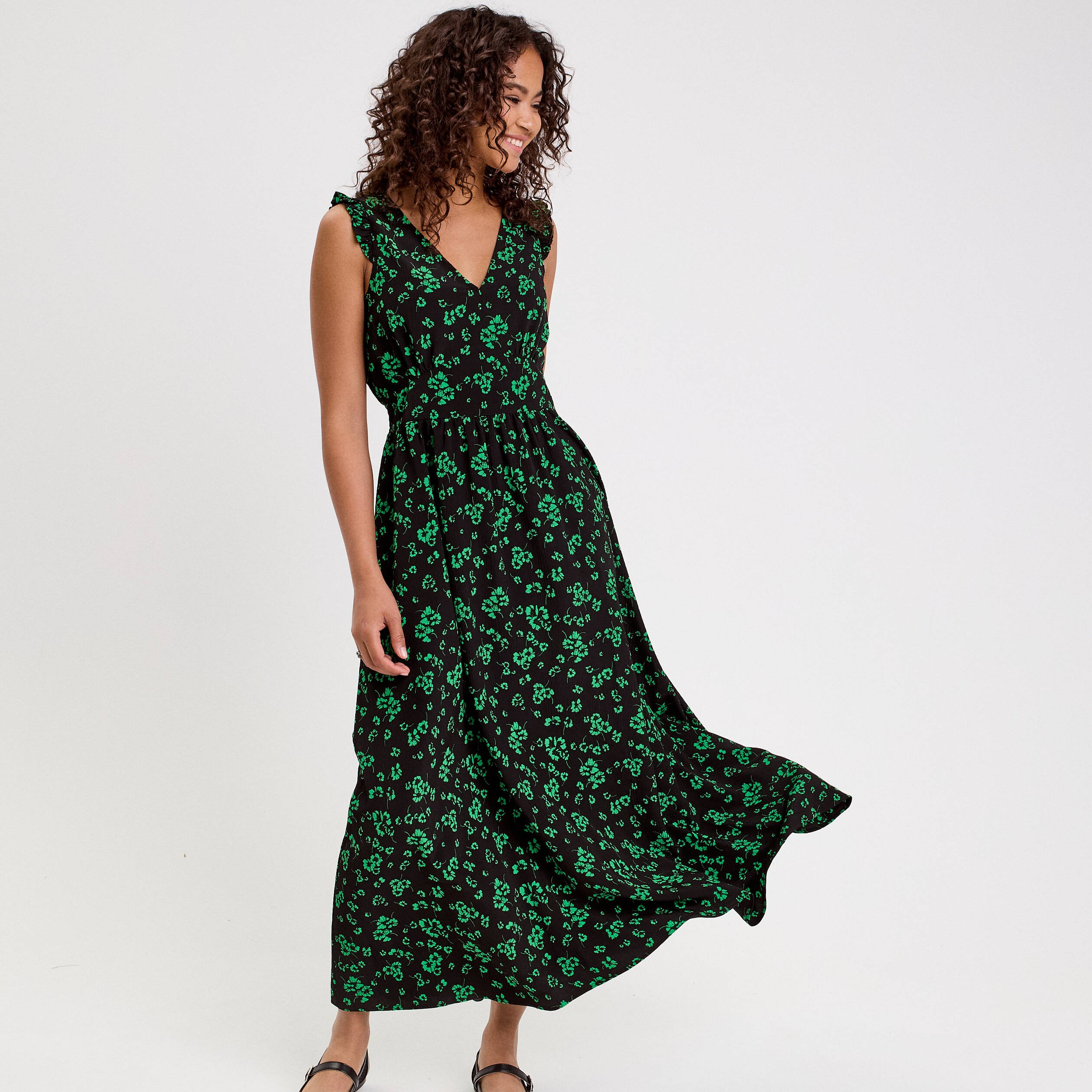 robe longue evasee col v sans manches vert fluo femme Robe longue évasée col v sans manches vert fluo femme
