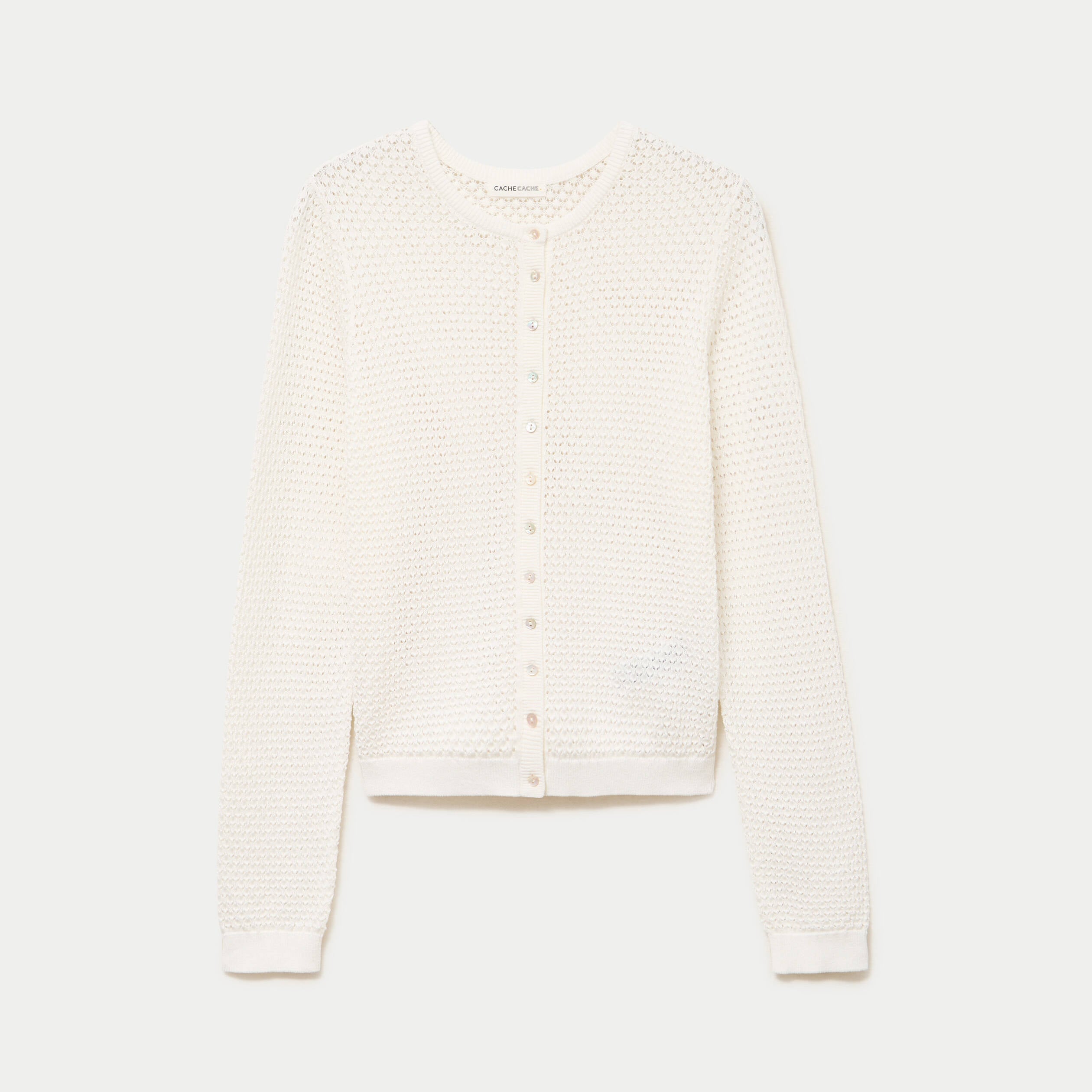 Gilet ajour&eacute; manches longues col rond ecru femme