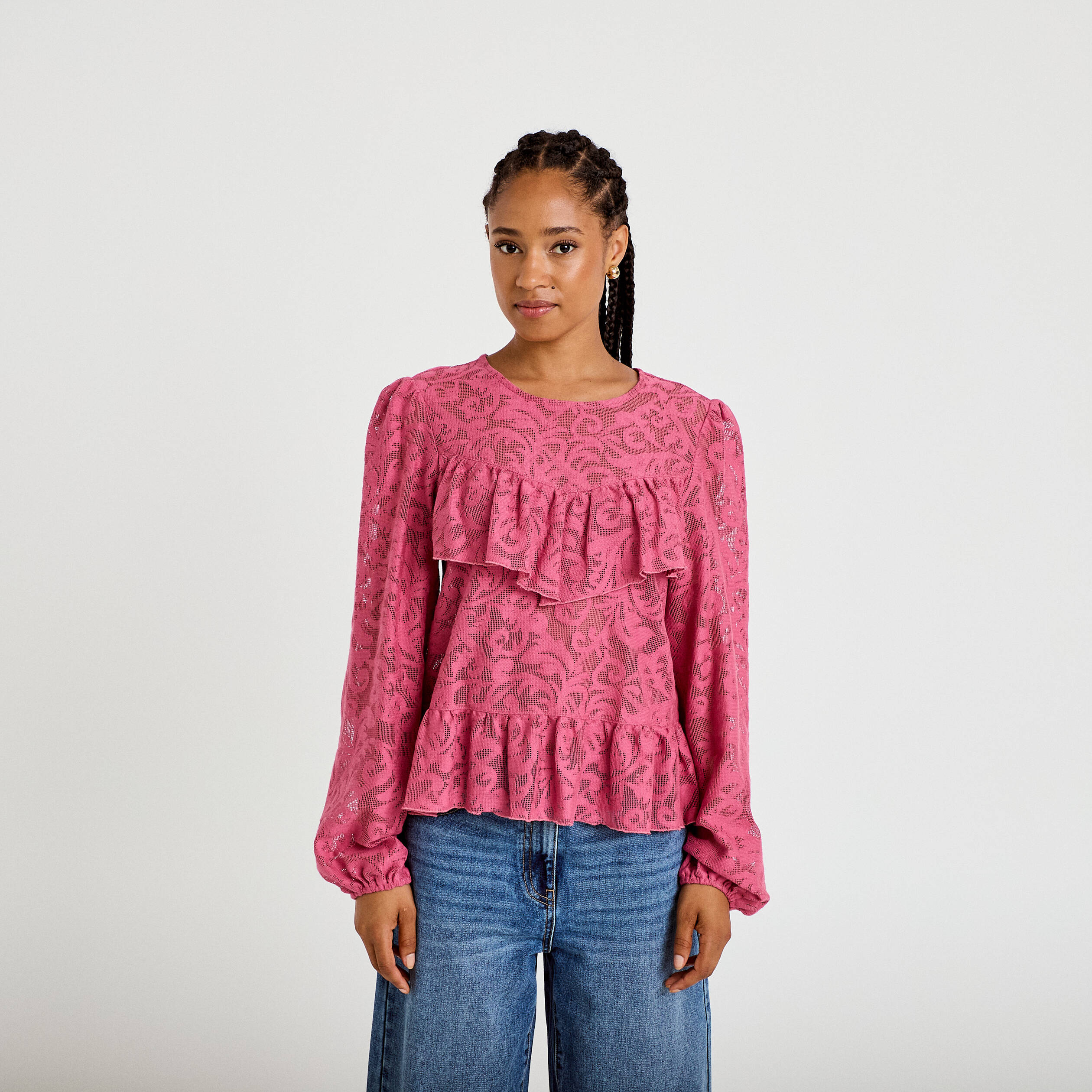 Blouse en dentelle manches longues vieux rose femme
